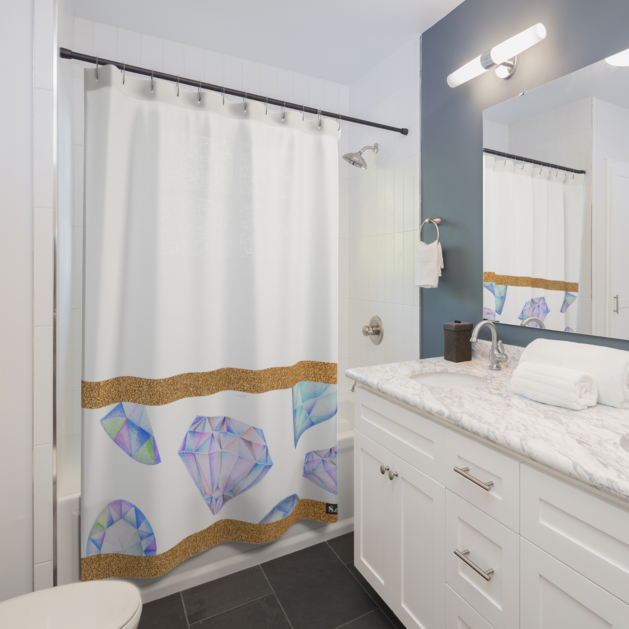 Blue & Purple Gemstone Faceted Crystals (watercolor style) Shower Curtain Option 2 - (S.e.P.T.) - Image 3