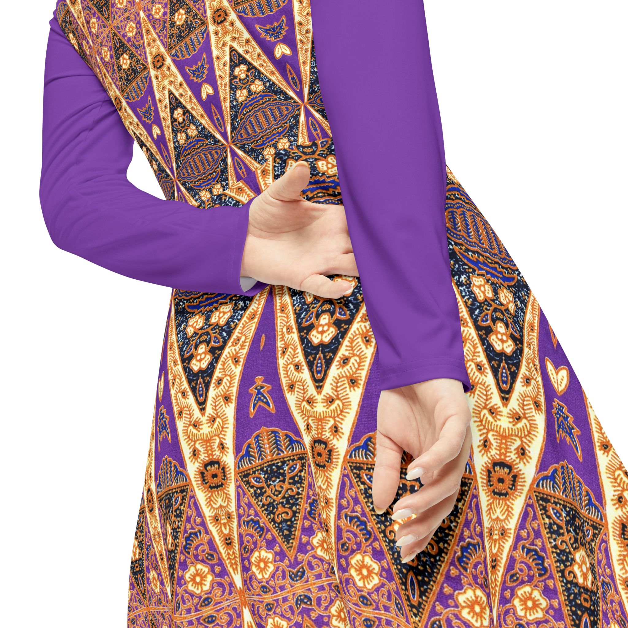 Bohemian Regal Purple and Tan Geometric Pattern Women's Long Sleeve Dress (S.e.P.T.™) - Image 7