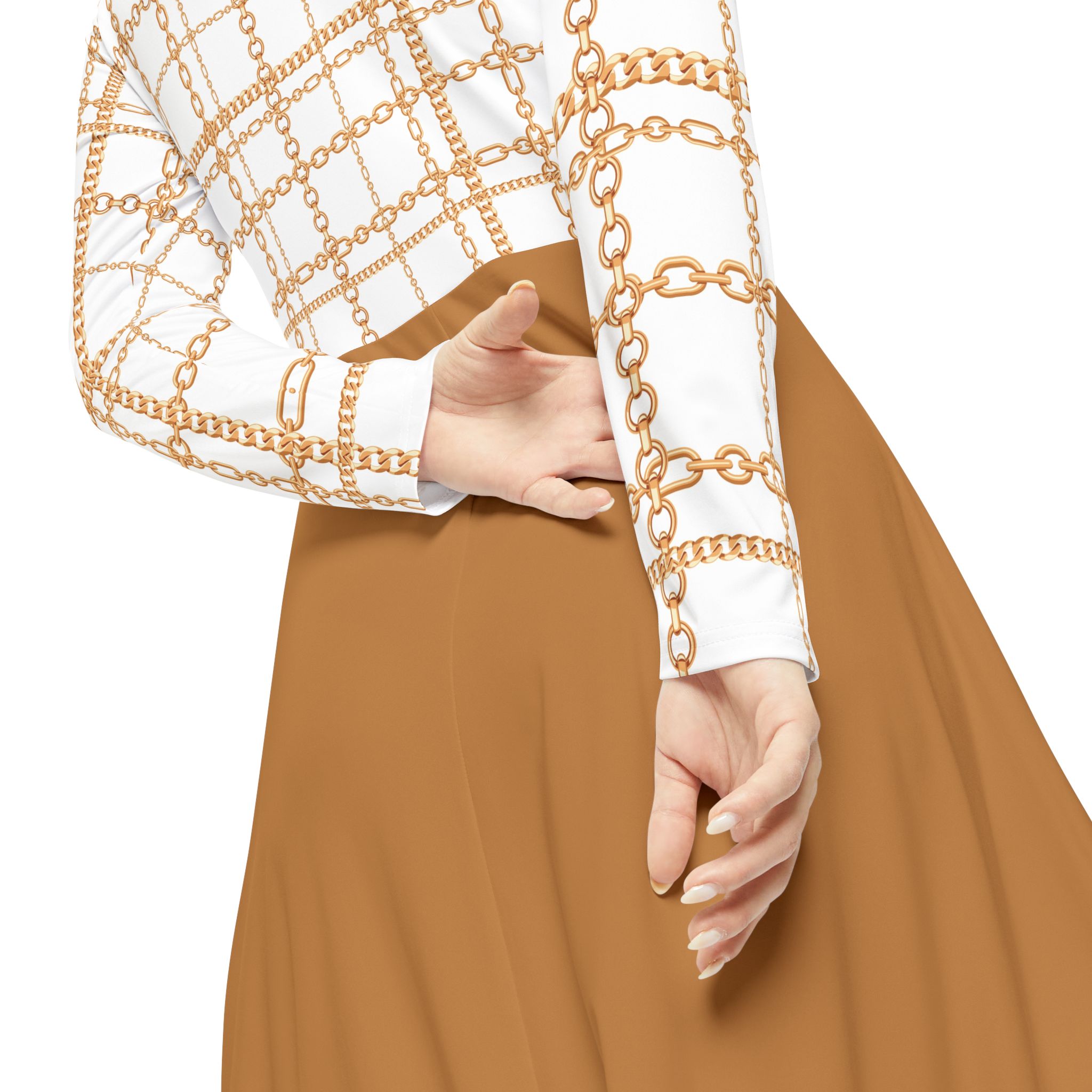 Chic White & Gold Chain Plaid Print Tan Women's Long Sleeve Dress (S.e.P.T.™) - Image 7