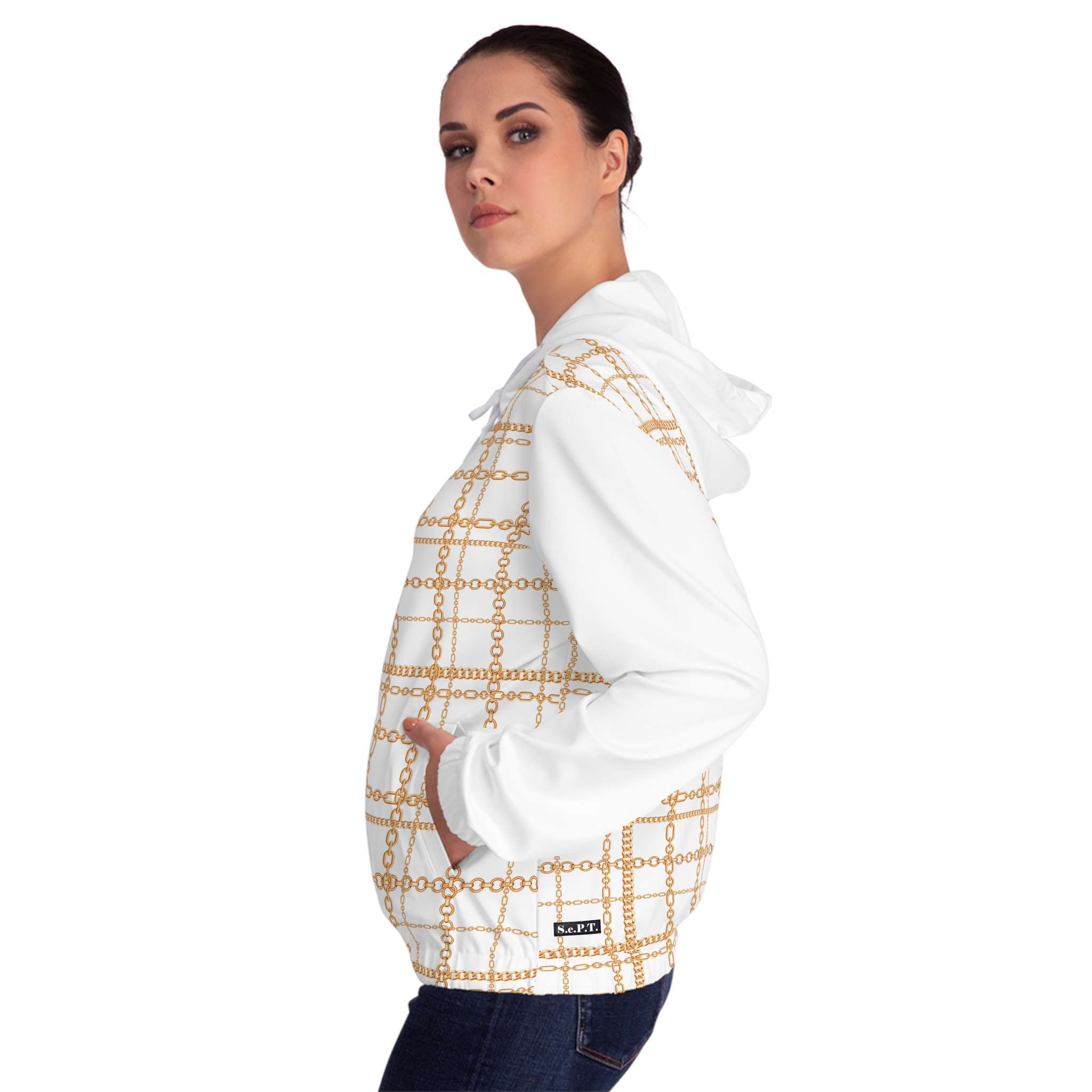 Chic White & Gold Chain Plaid Print Women’s Full-Zip Hoodie (S.e.P.T.™) - Image 5