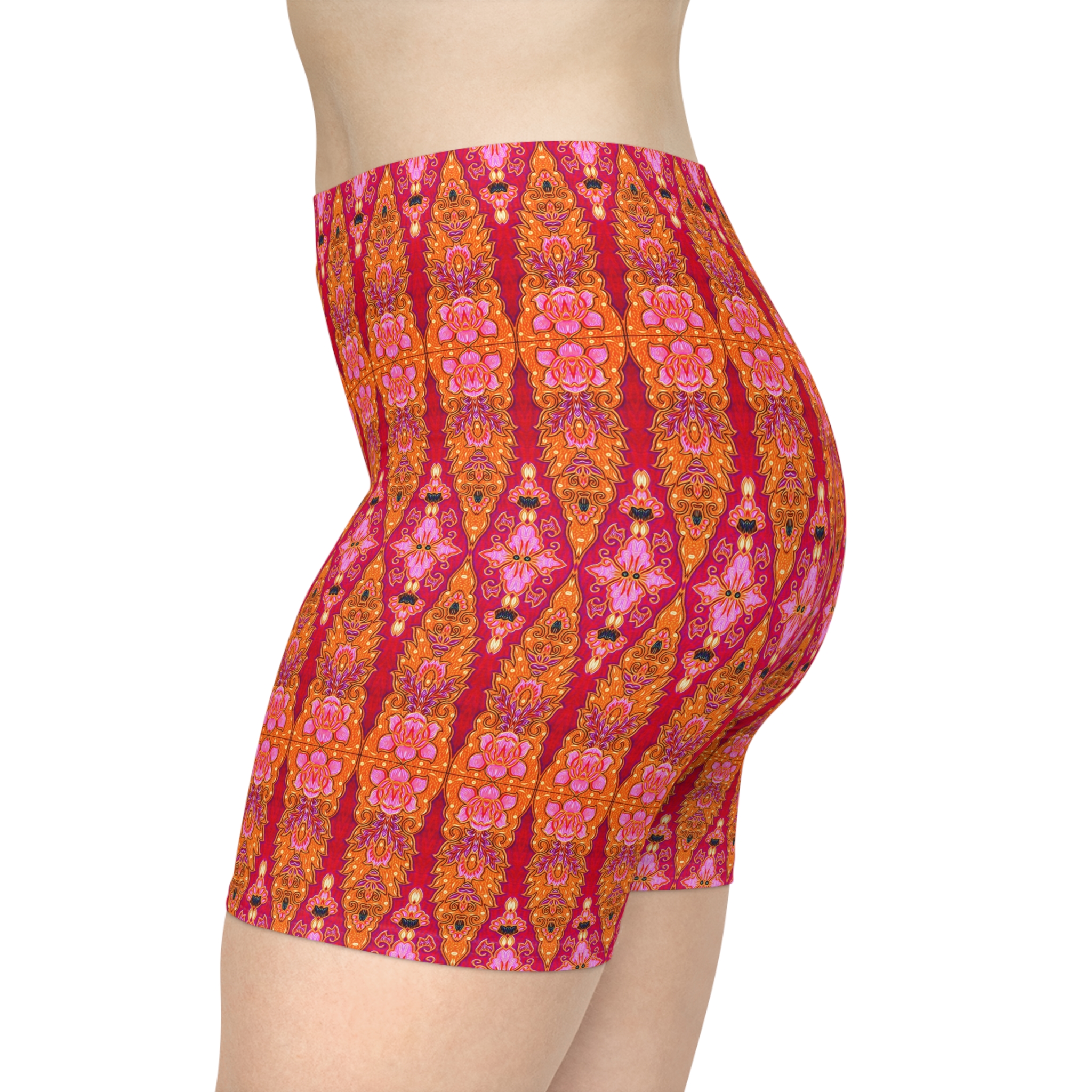 Bohemian Bright Fuchsia & Orange Geometric Women's Biker Shorts (S.e.P.T.™) - Image 6