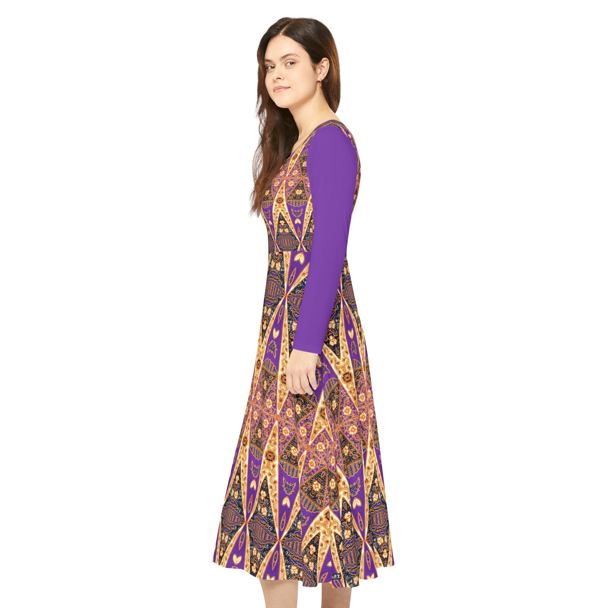 Bohemian Regal Purple and Tan Geometric Pattern Women's Long Sleeve Dress (S.e.P.T.™) - Image 2