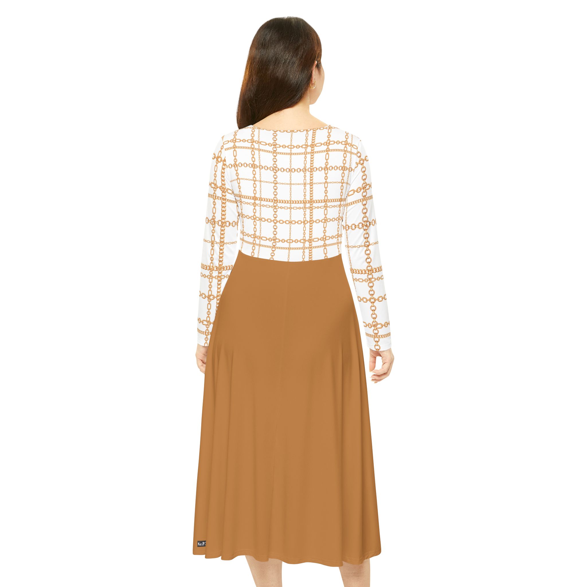 Chic White & Gold Chain Plaid Print Tan Women's Long Sleeve Dress (S.e.P.T.™) - Image 5