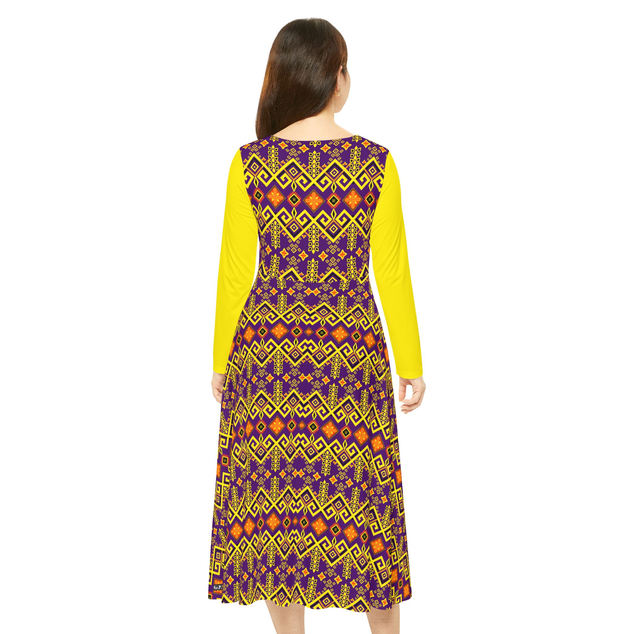 Tribal Maze Geometric Gold & Purple Print Women's Long Sleeve Dress (S.e.P.T.™) - Image 5