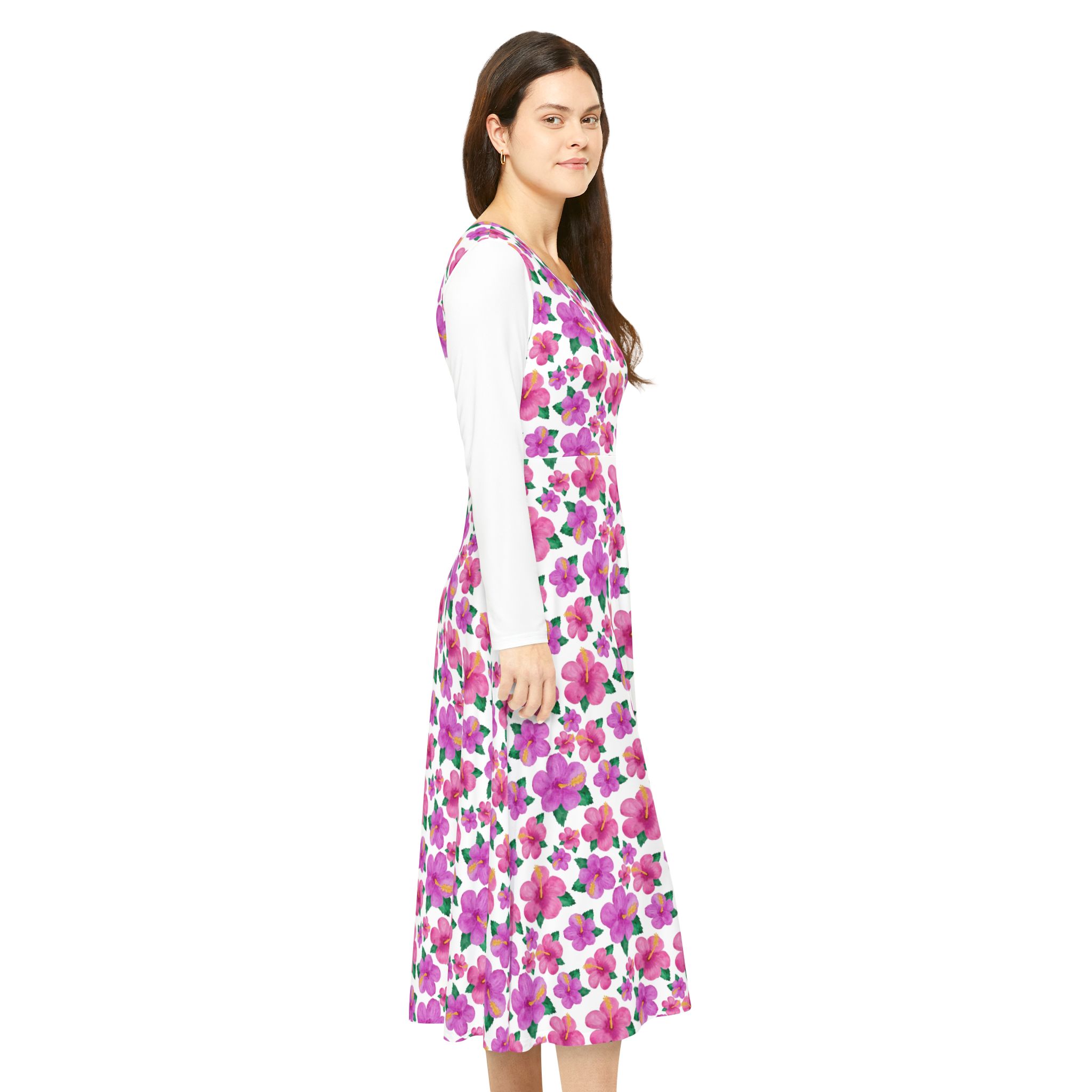 Bright Fuchsia Hibiscus Floral Print Women's Long Sleeve Dress (S.e.P.T.™) - Image 6