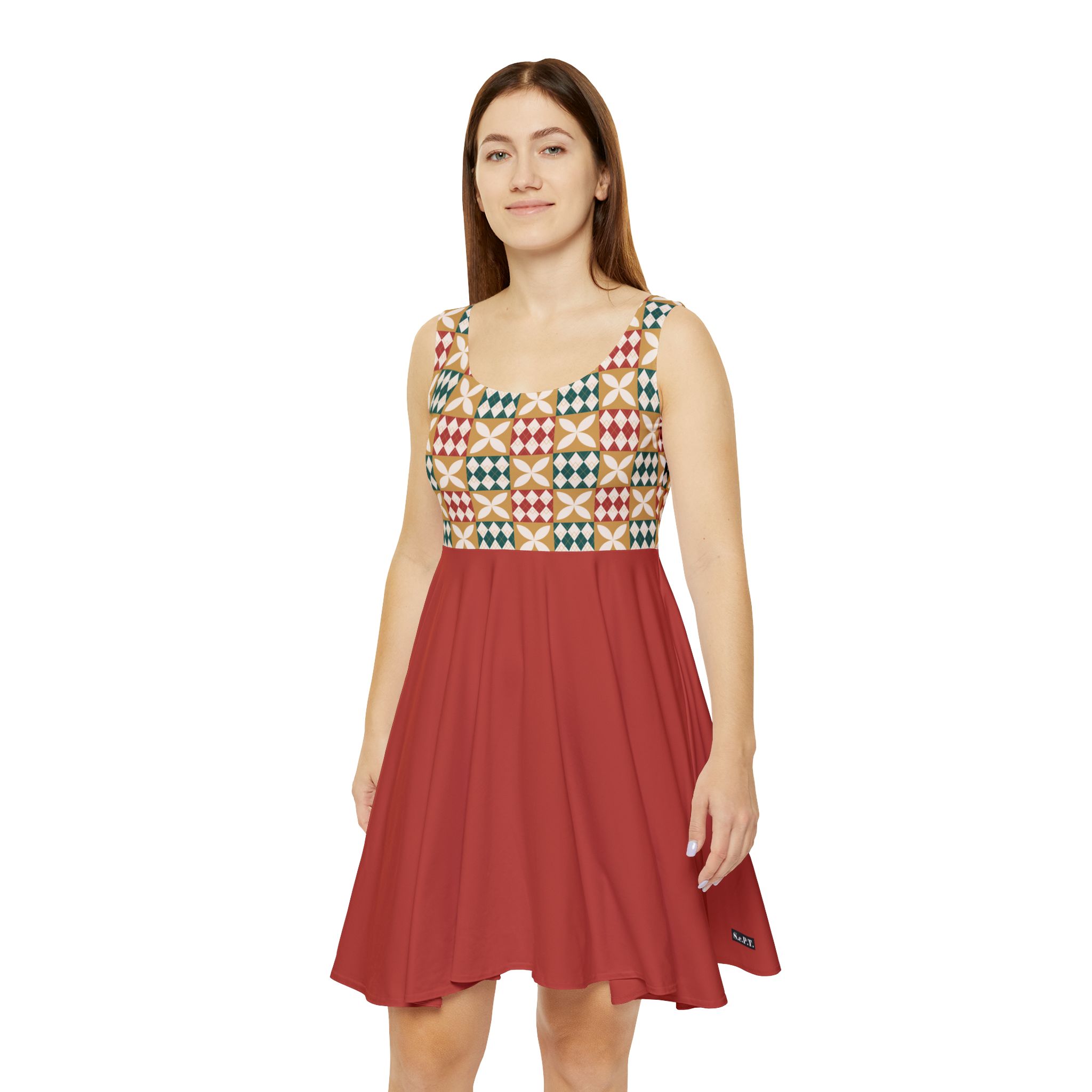 Warm Tones Holiday Harlequin Quilt Pattern Terracotta Women's Skater Dress (S.e.P.T.)