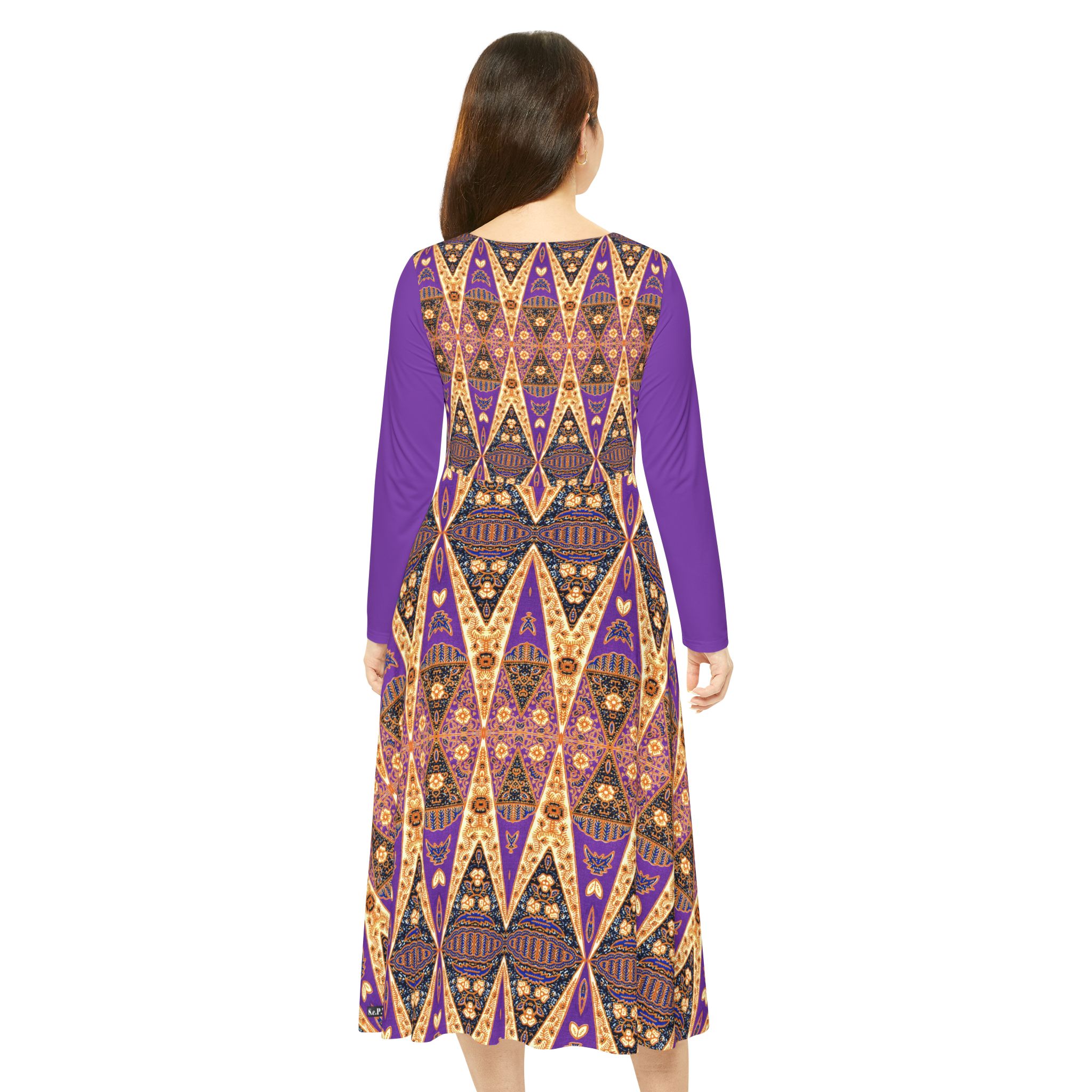 Bohemian Regal Purple and Tan Geometric Pattern Women's Long Sleeve Dress (S.e.P.T.™) - Image 5