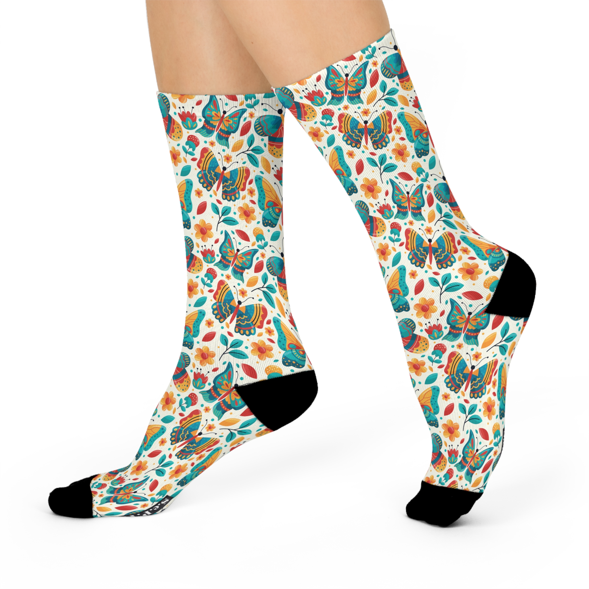 Whimsical Retro Butterfly Garden Print Cushioned Crew Socks (S.e.P.T.™) - Image 3