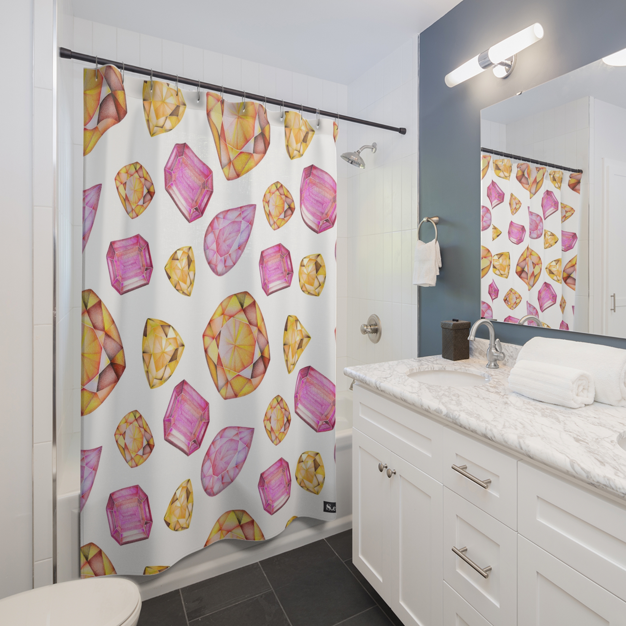 Pink & Orange Gemstone Faceted Crystals (watercolor style) Shower Curtain Option 1 - (S.e.P.T.) - Image 3