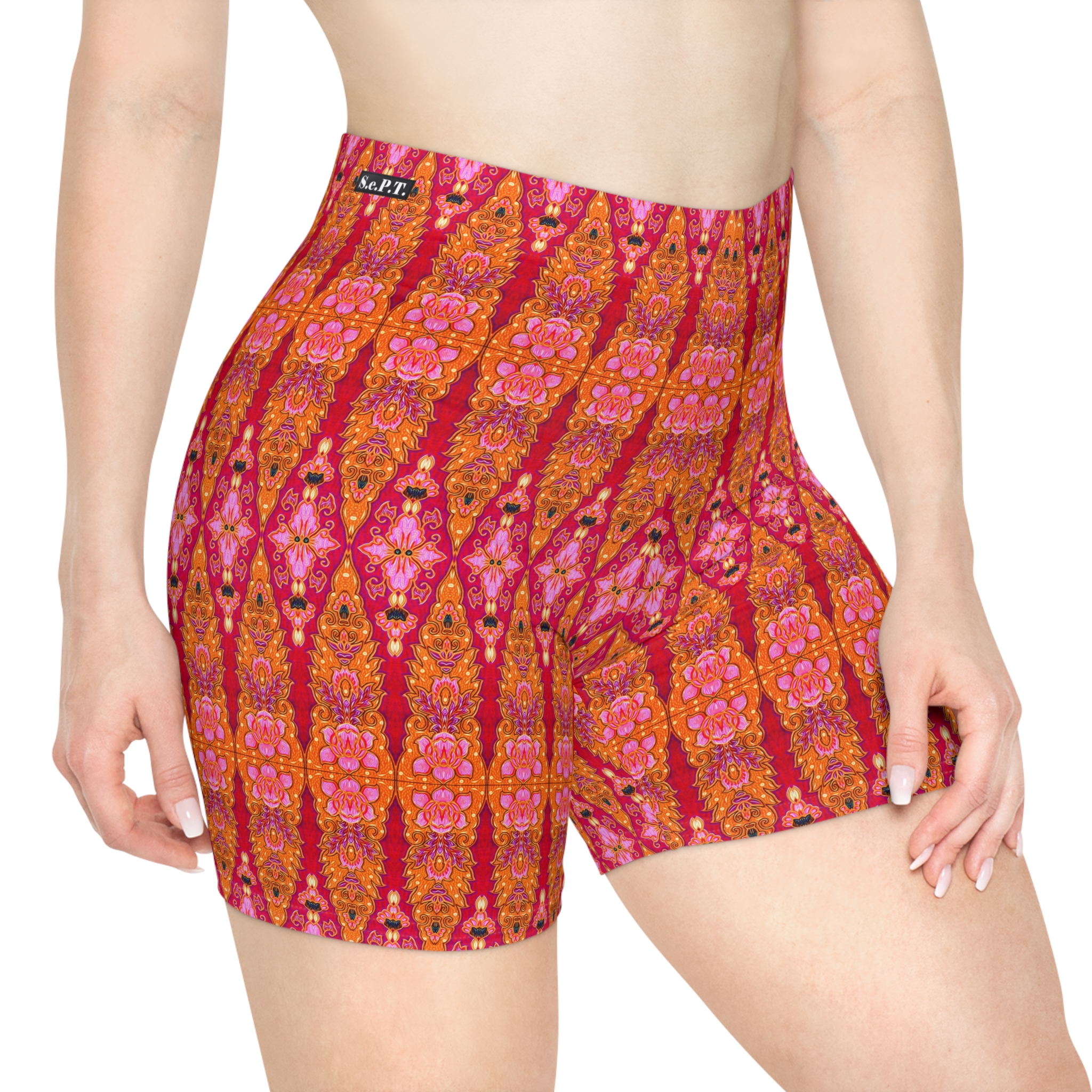 Bohemian Bright Fuchsia & Orange Geometric Women's Biker Shorts (S.e.P.T.™) - Image 4