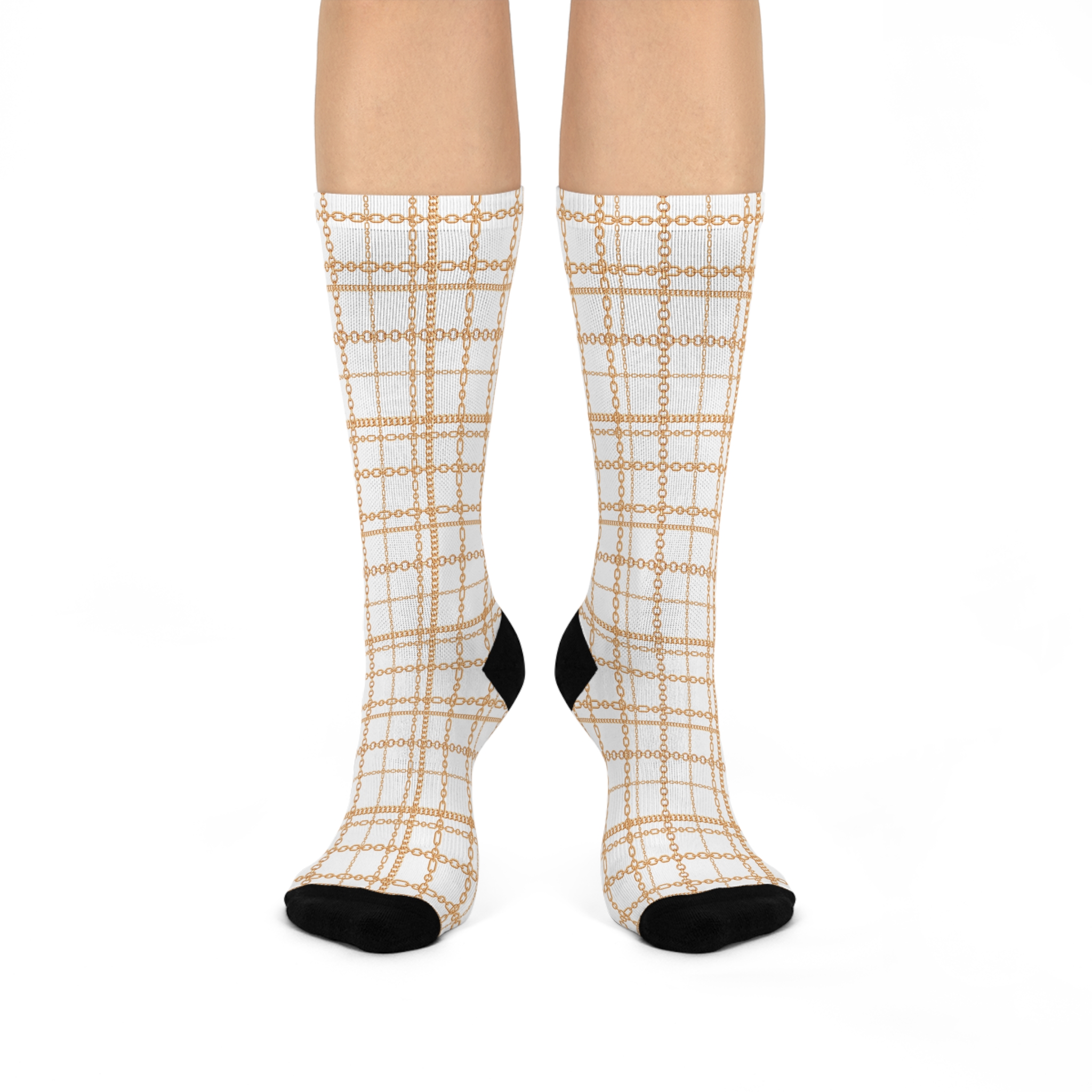 Chic White & Gold Chain Plaid Print Cushioned Crew Socks (S.e.P.T.™)