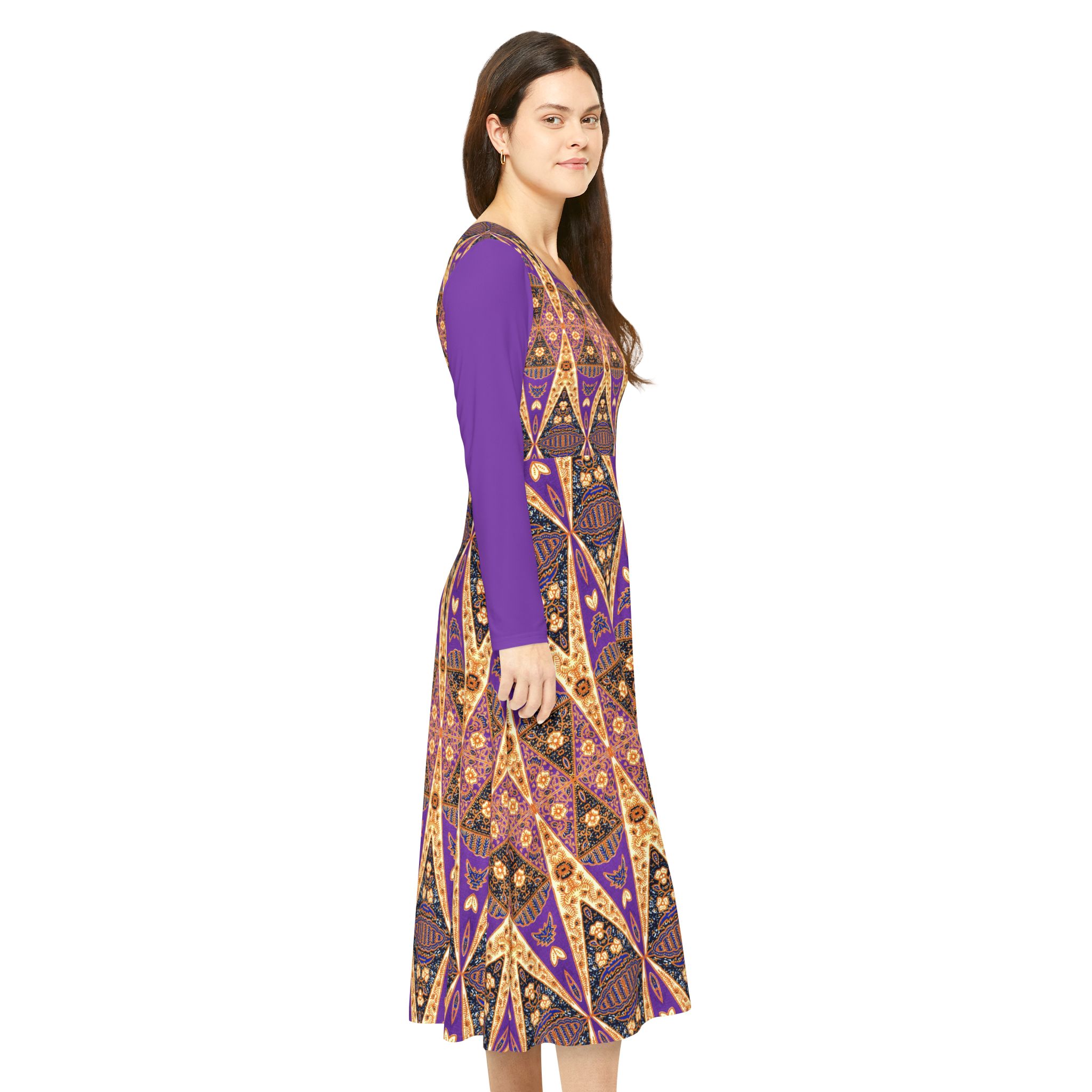 Bohemian Regal Purple and Tan Geometric Pattern Women's Long Sleeve Dress (S.e.P.T.™) - Image 6