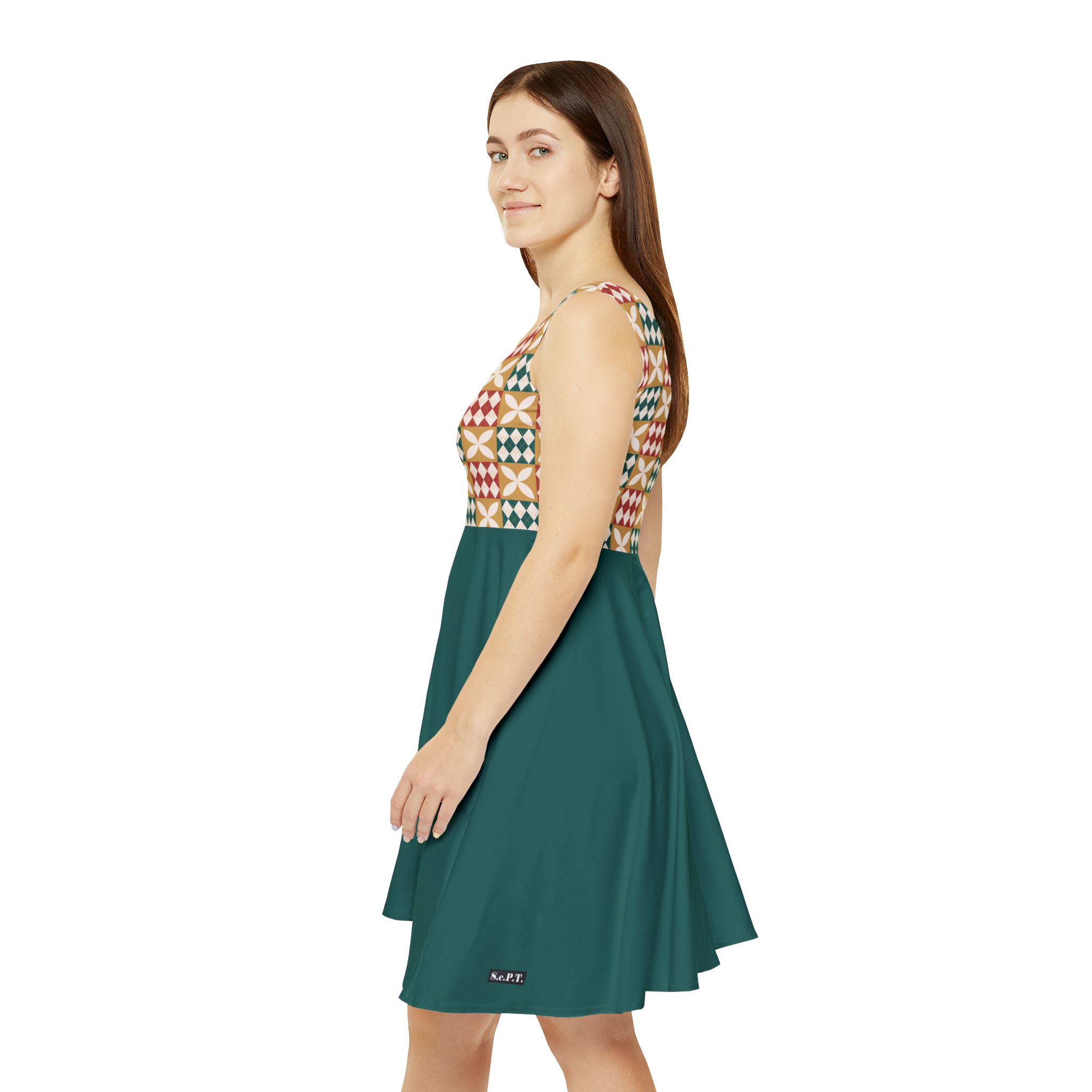 Warm Tones Holiday Harlequin Quilt Pattern Forest Green Women's Skater Dress (S.e.P.T.) - Image 6