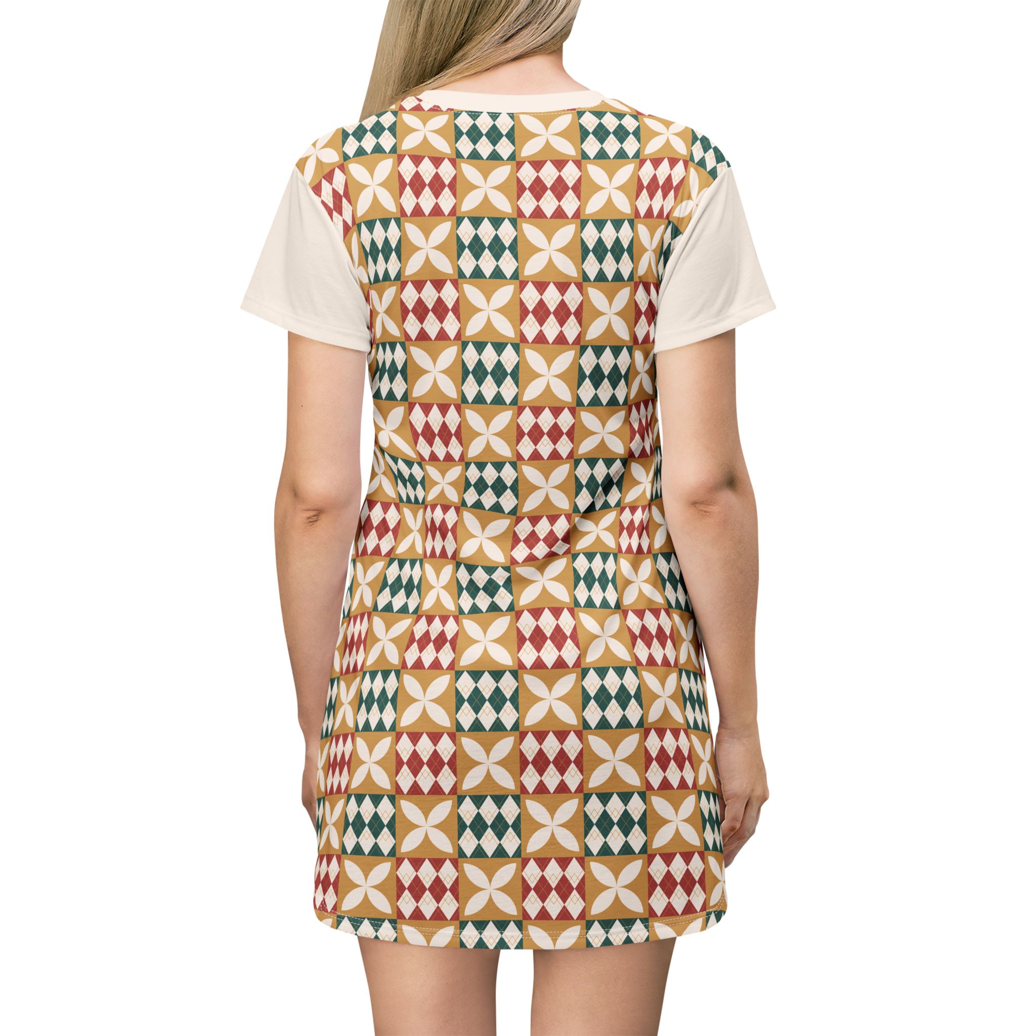 Warm Tones Holiday Harlequin Quilt Pattern T-Shirt Dress (S.e.P.T.™) - Image 4