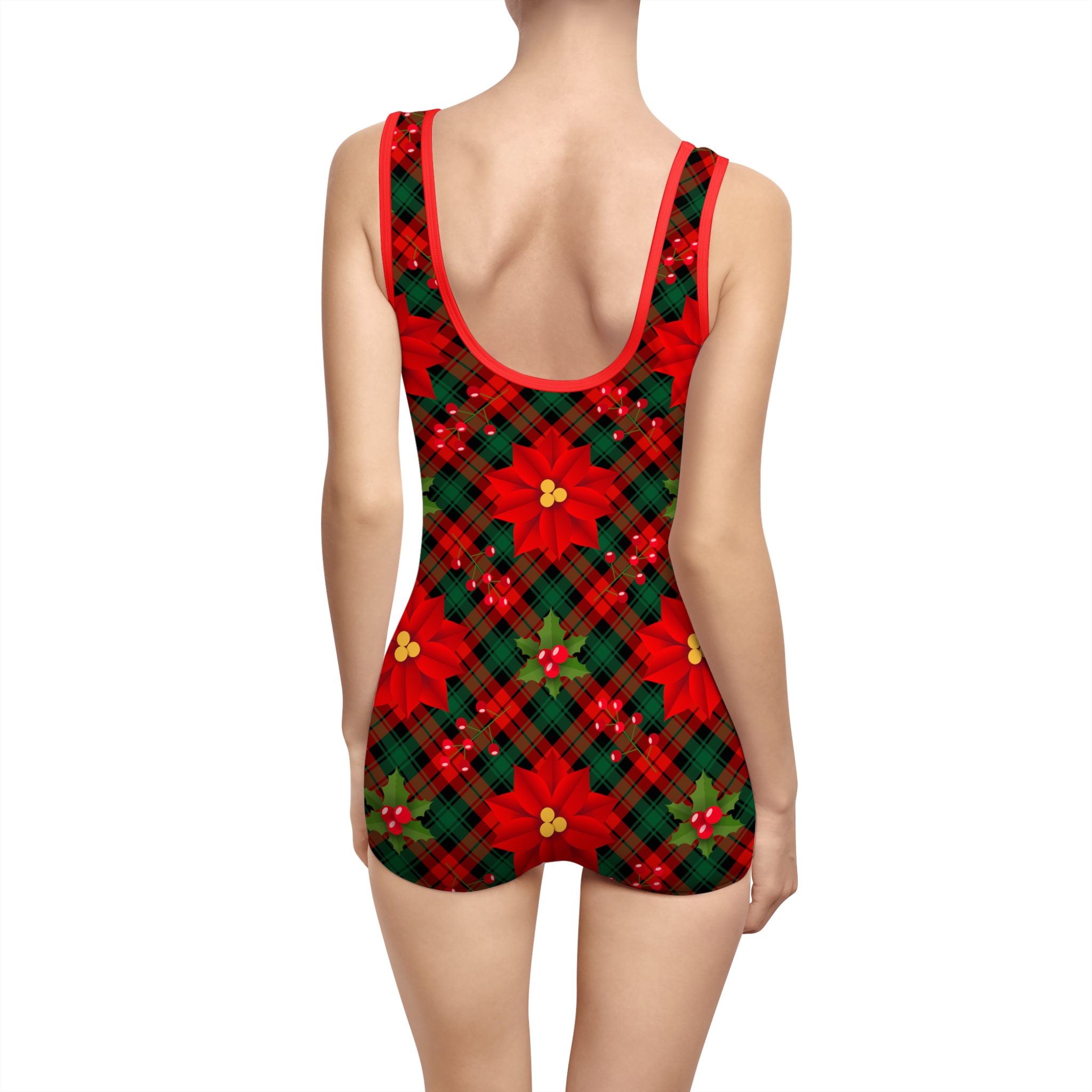 Christmas Poinsettia Tartan Plaid Print Women's Vintage Swimsuit (S.e.P.T.™) - Image 2