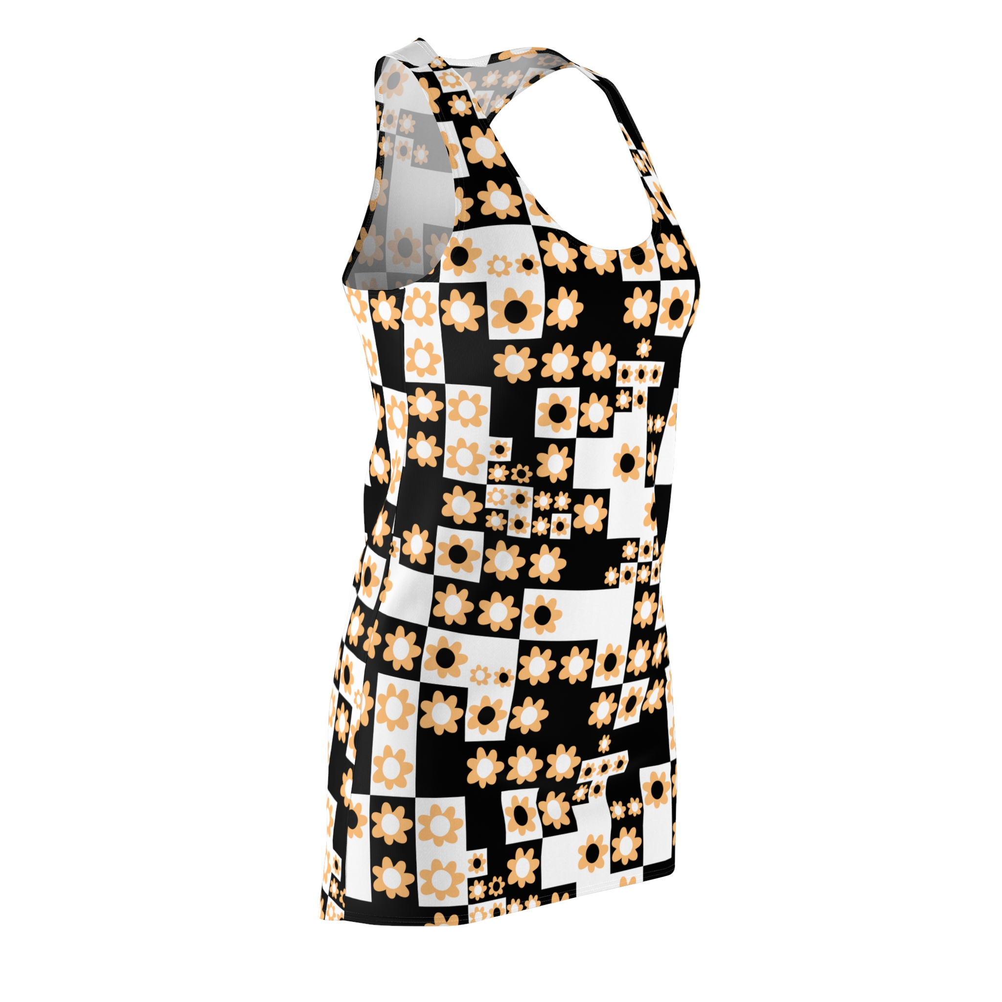 Retro Black & White Optical Flower Print Women's Racerback Dress (S.e.P.T.™) - Image 4