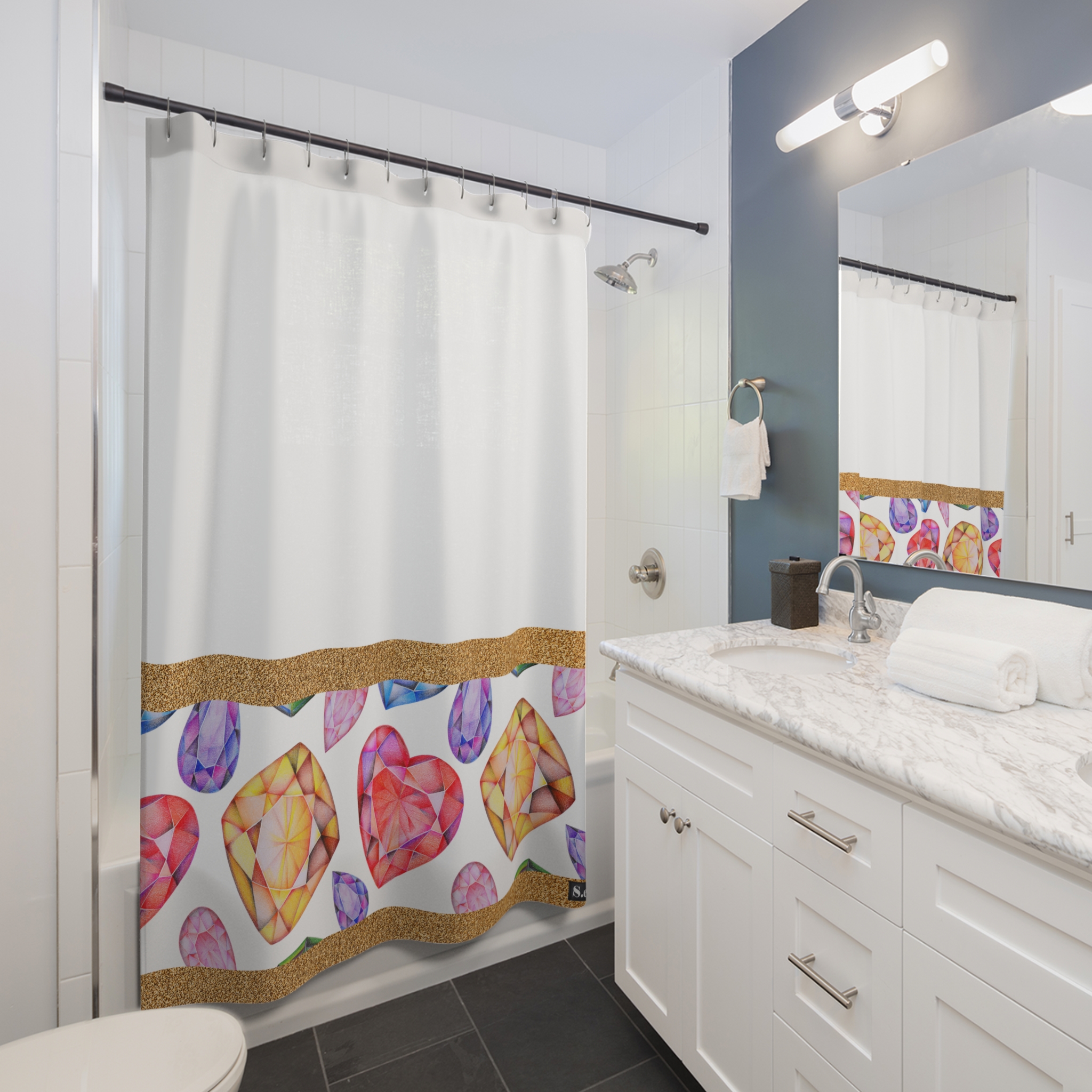 Multi Color Gemstone Faceted Crystals (watercolor style) Shower Curtain Option 2 - (S.e.P.T.) - Image 3