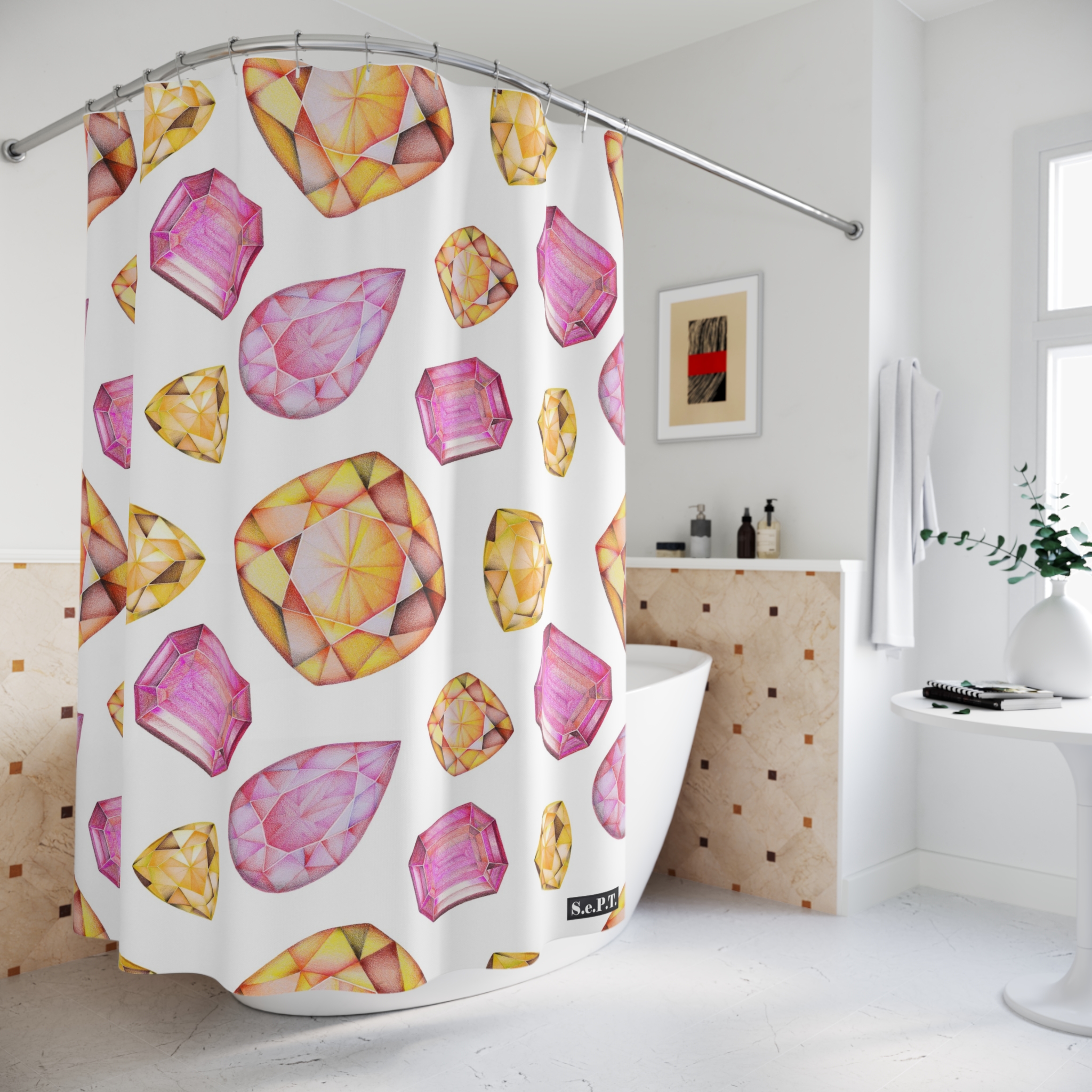 Pink & Orange Gemstone Faceted Crystals (watercolor style) Shower Curtain Option 1 - (S.e.P.T.) - Image 4