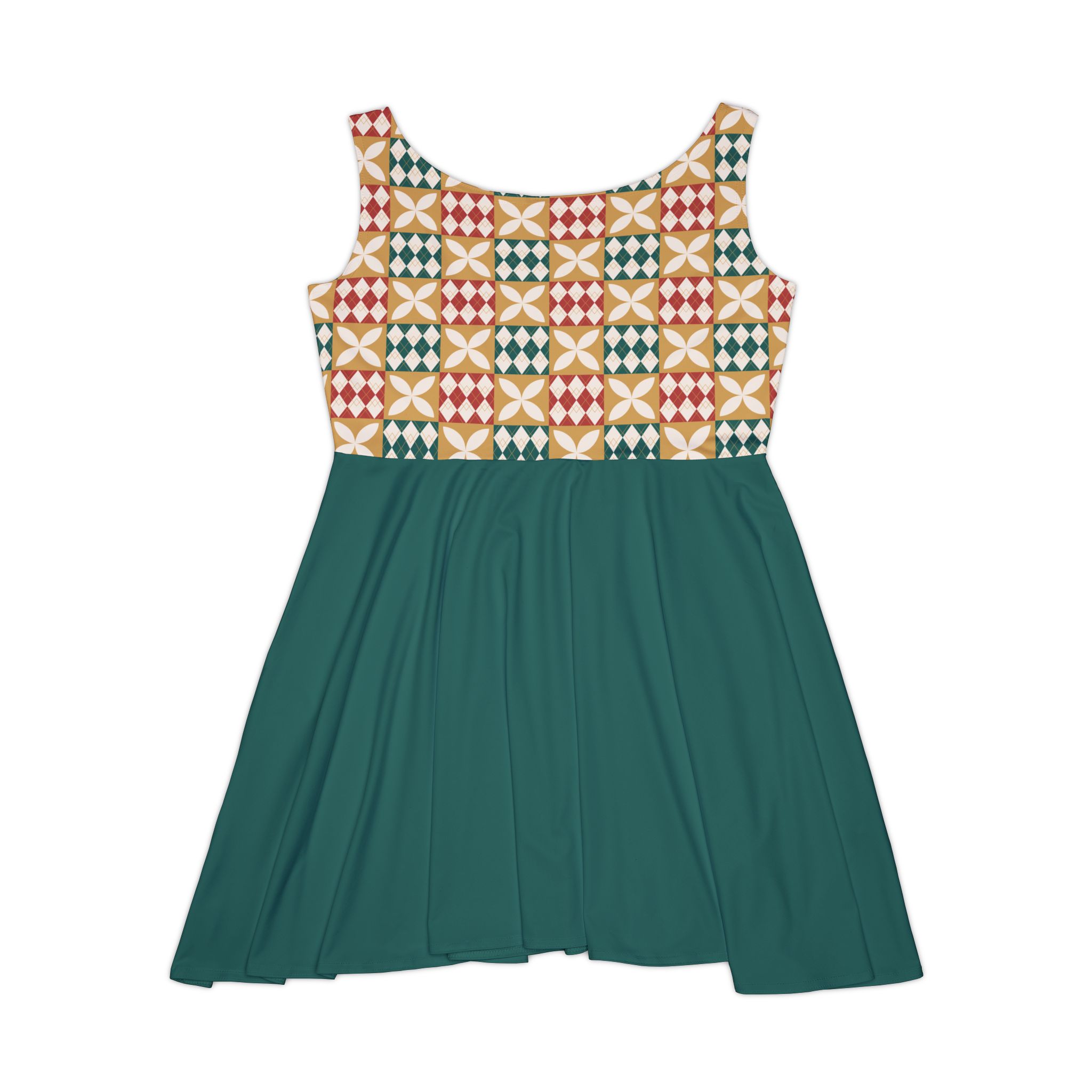 Warm Tones Holiday Harlequin Quilt Pattern Forest Green Women's Skater Dress (S.e.P.T.) - Image 3