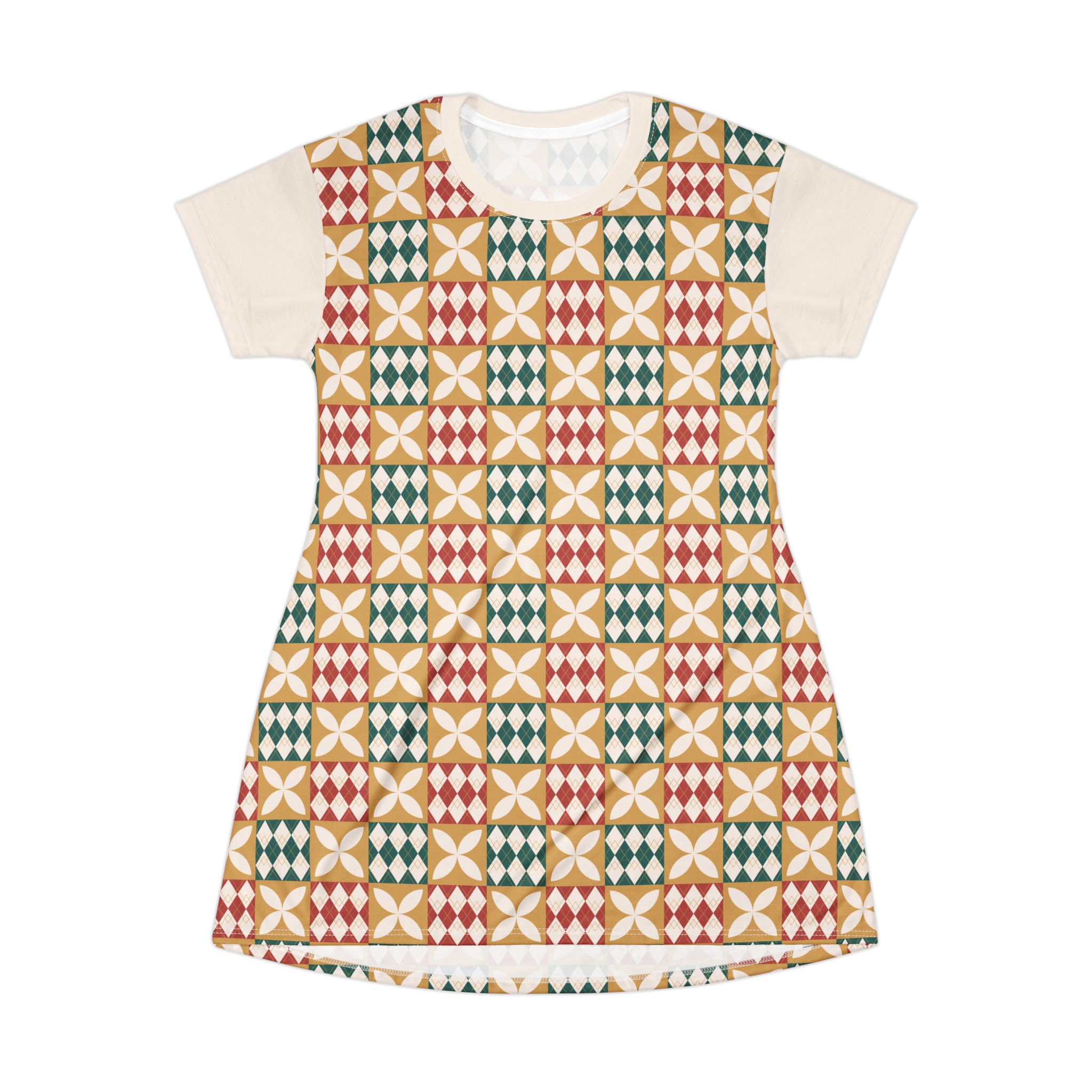 Warm Tones Holiday Harlequin Quilt Pattern T-Shirt Dress (S.e.P.T.™) - Image 2