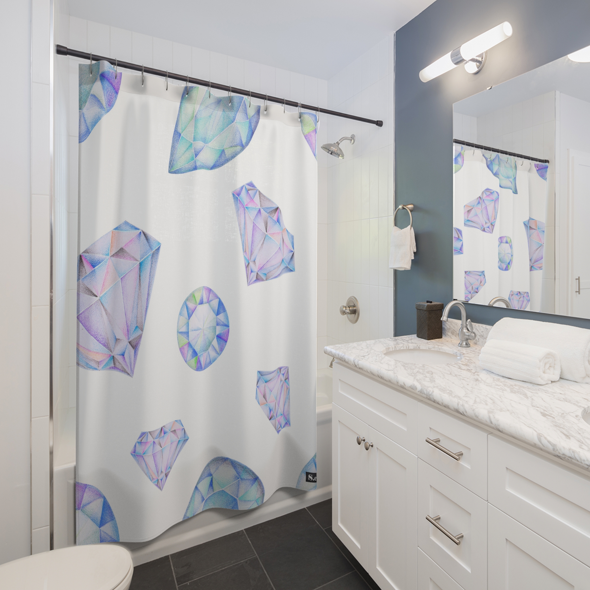 Blue & Purple Gemstone Faceted Crystals (watercolor style) Shower Curtain Option 1 - (S.e.P.T.) - Image 3