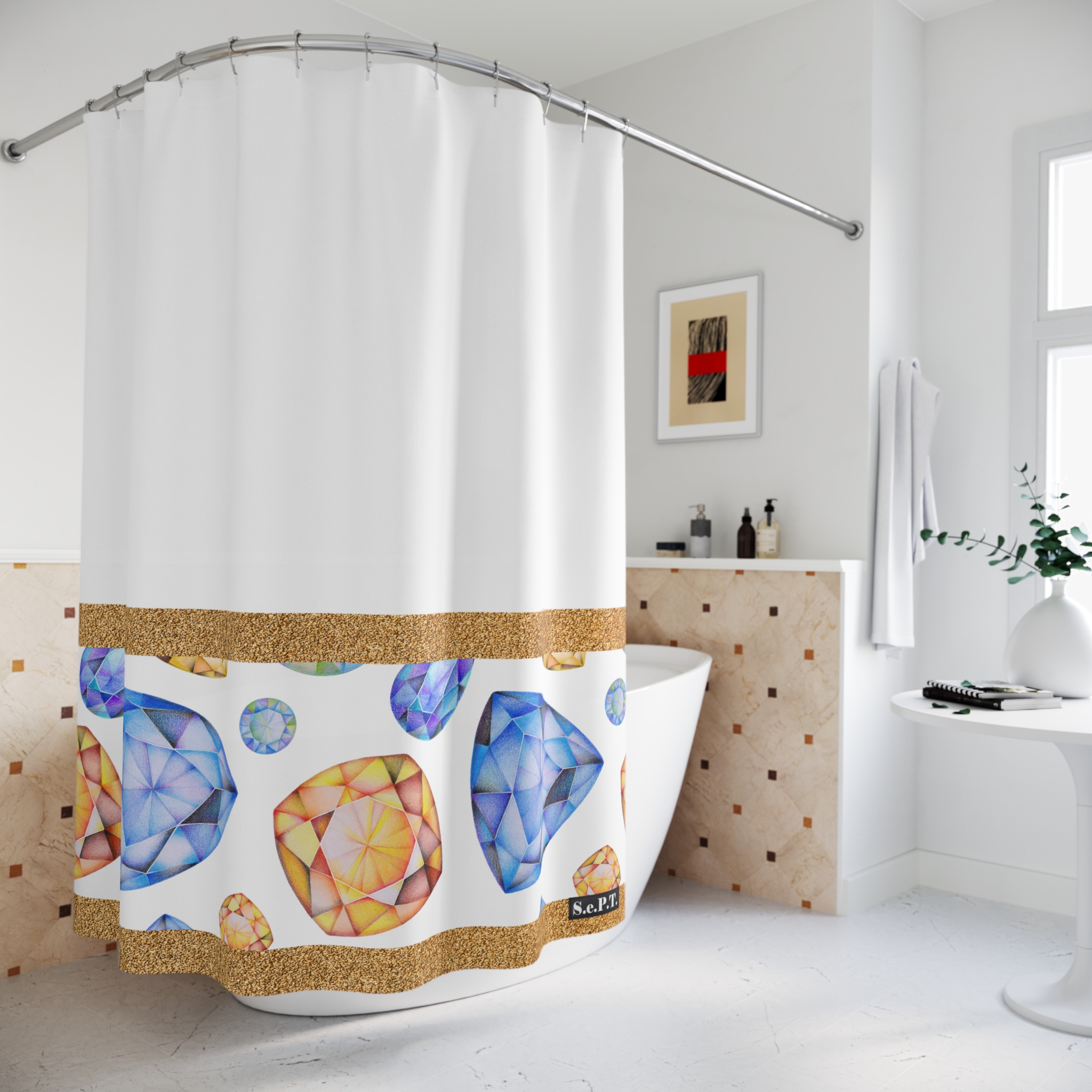Blue & Golden Yellow Gemstone Faceted Crystals (watercolor style) Shower Curtain Option 2 - (S.e.P.T.) - Image 4