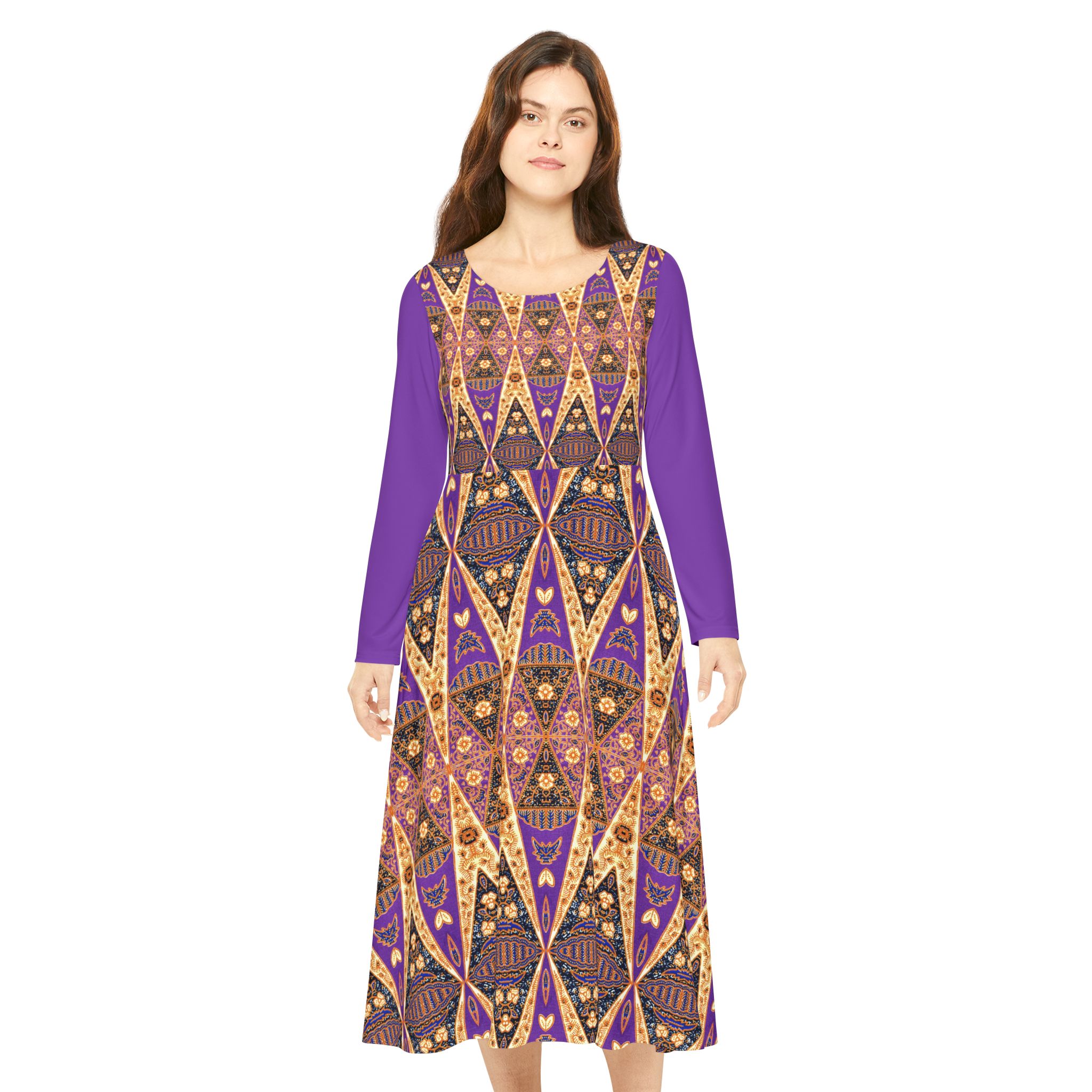 Bohemian Regal Purple and Tan Geometric Pattern Women's Long Sleeve Dress (S.e.P.T.™)
