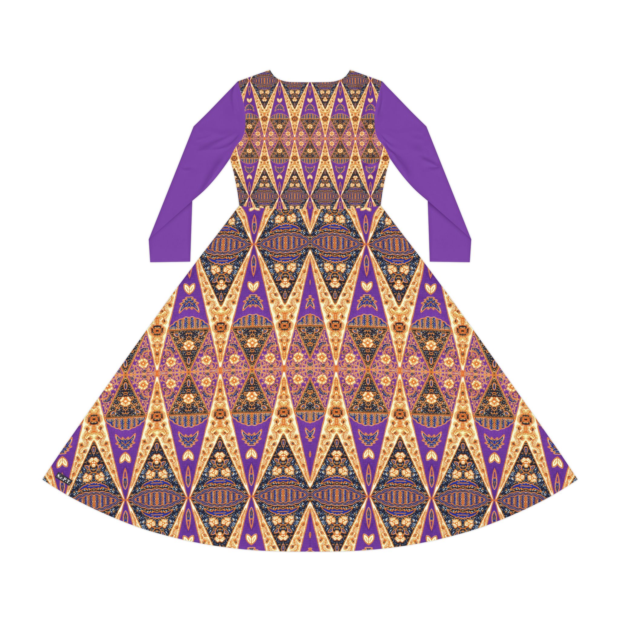 Bohemian Regal Purple and Tan Geometric Pattern Women's Long Sleeve Dress (S.e.P.T.™) - Image 4