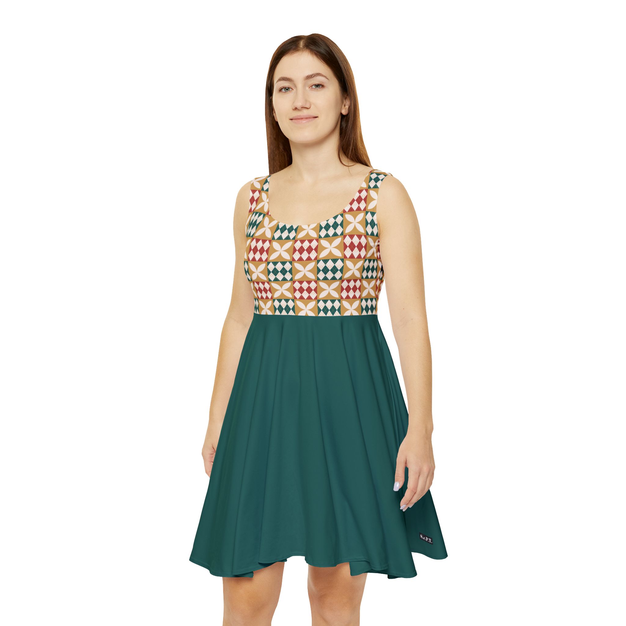 Warm Tones Holiday Harlequin Quilt Pattern Forest Green Women's Skater Dress (S.e.P.T.) - Image 4
