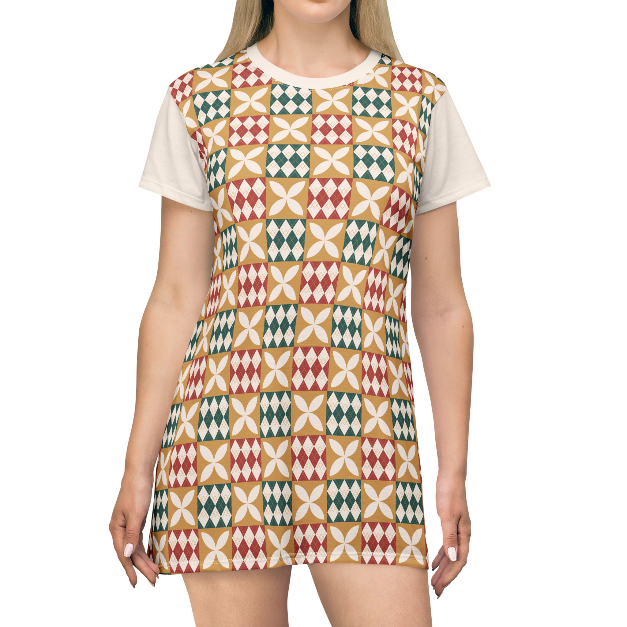 Warm Tones Holiday Harlequin Quilt Pattern T-Shirt Dress (S.e.P.T.™)