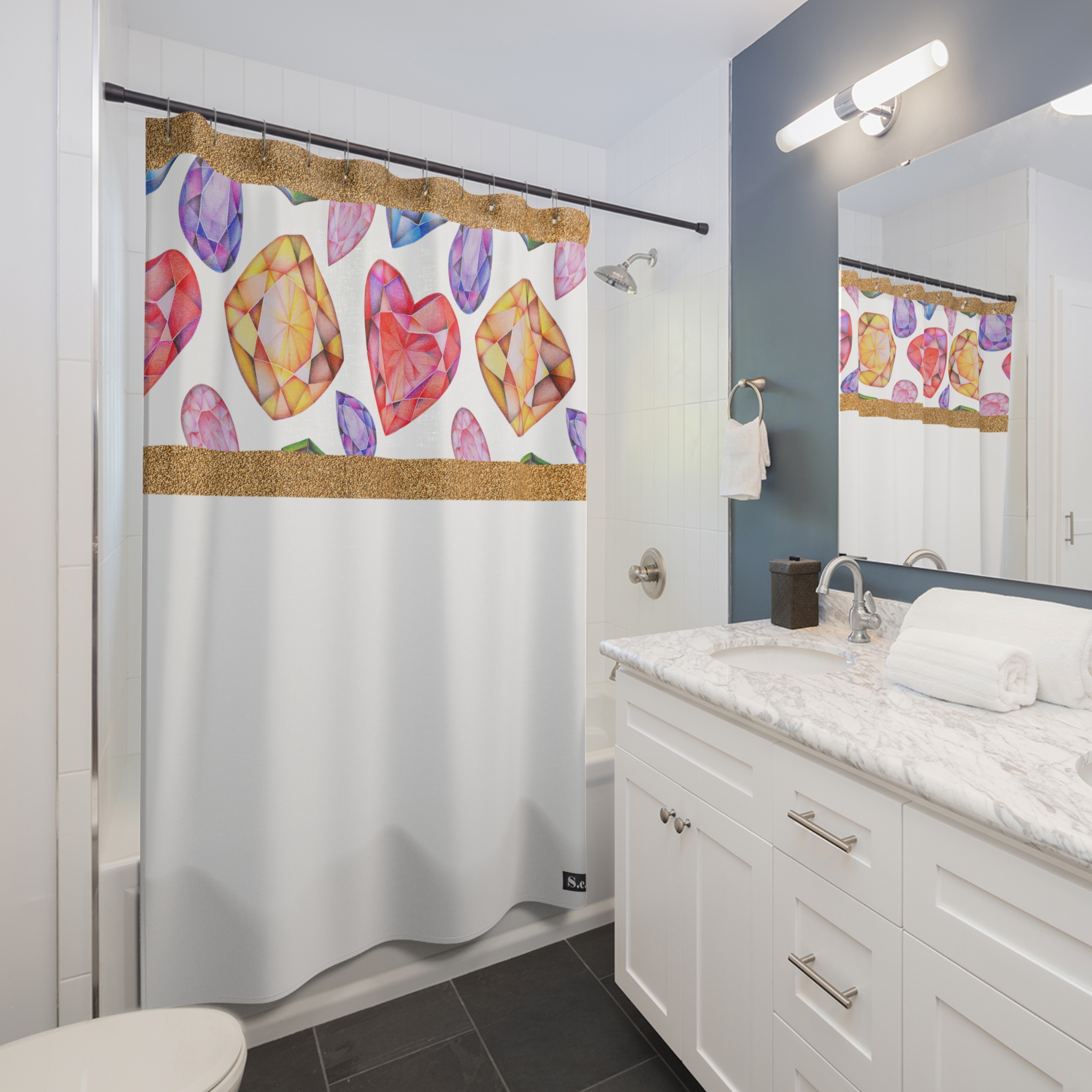 Multi Color Gemstone Faceted Crystals (watercolor style) Shower Curtain Option 1 - (S.e.P.T.) - Image 3