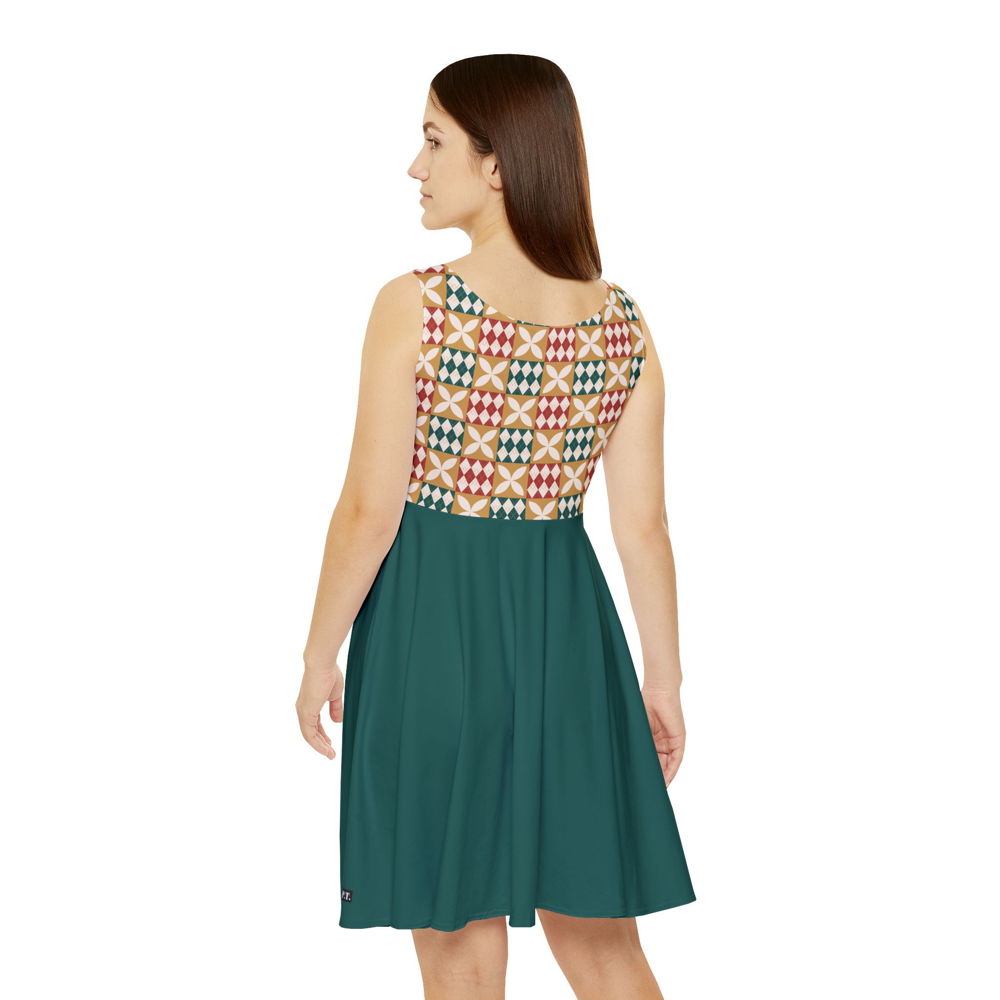 Warm Tones Holiday Harlequin Quilt Pattern Forest Green Women's Skater Dress (S.e.P.T.) - Image 5