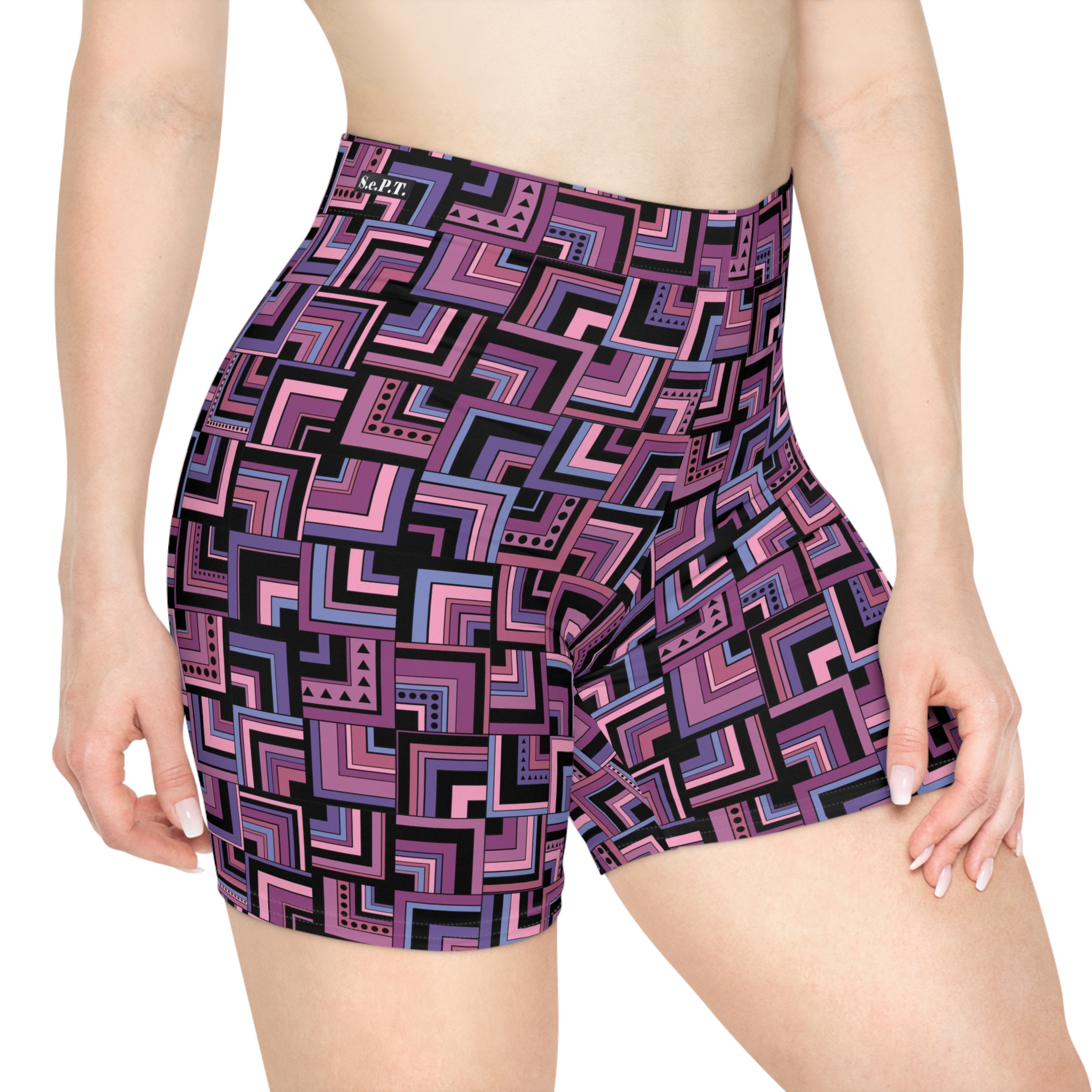 Purple Retro Corner Block Geometric Print Women's Biker Shorts (S.e.P.T.™) - Image 4