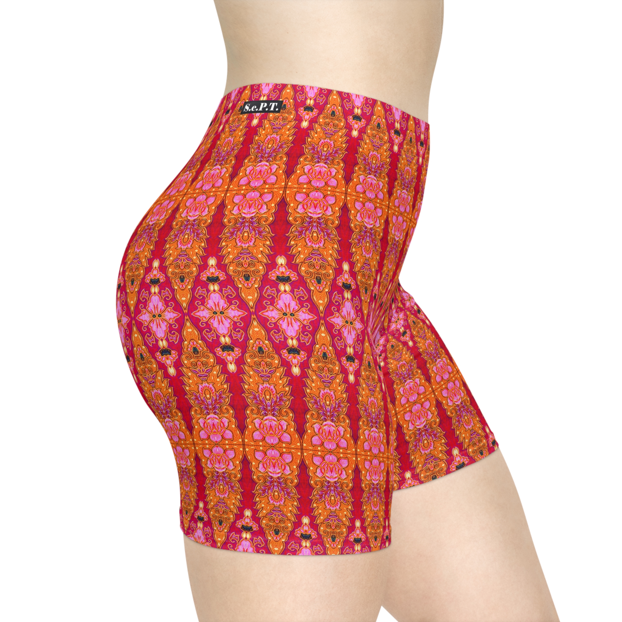 Bohemian Bright Fuchsia & Orange Geometric Women's Biker Shorts (S.e.P.T.™) - Image 5