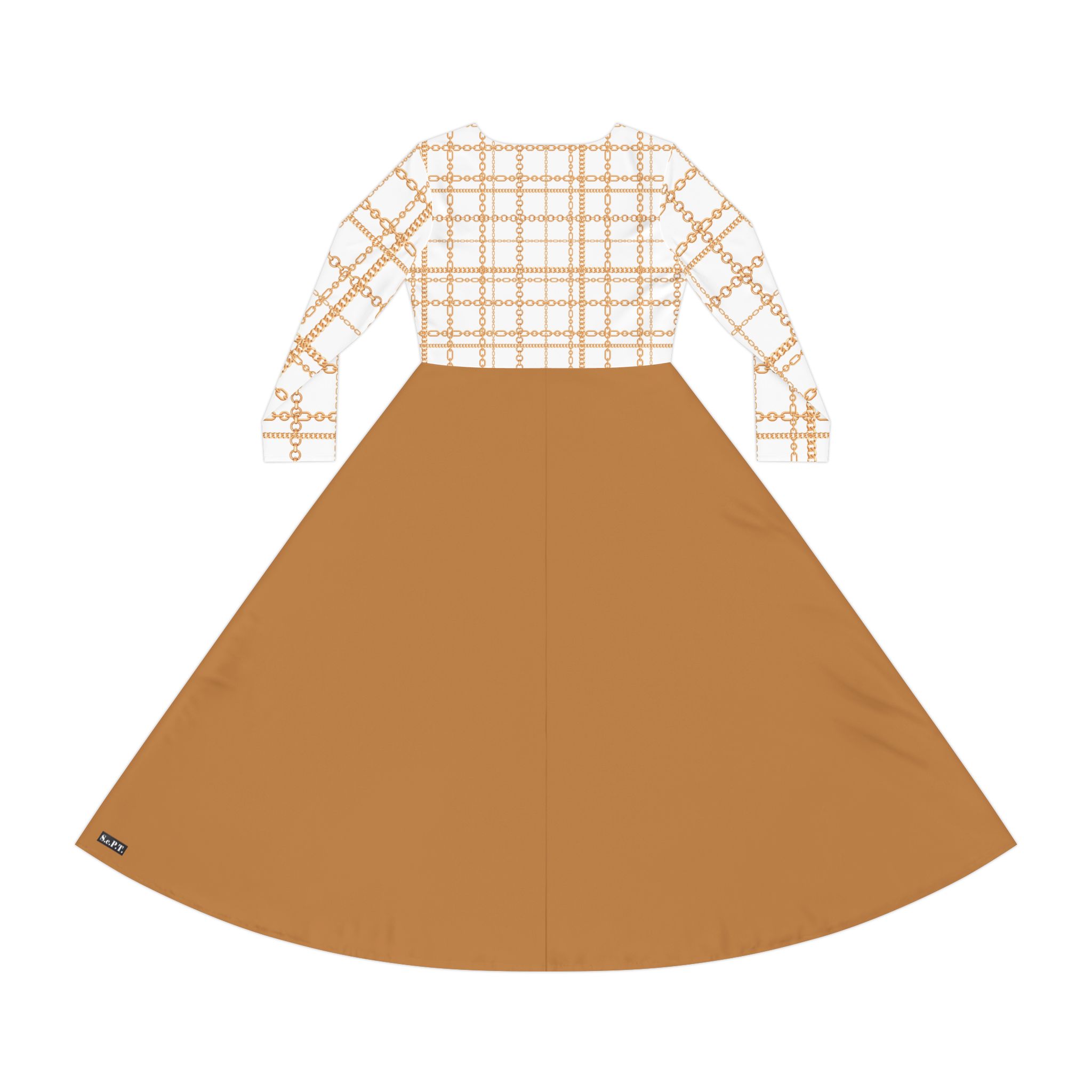 Chic White & Gold Chain Plaid Print Tan Women's Long Sleeve Dress (S.e.P.T.™) - Image 3