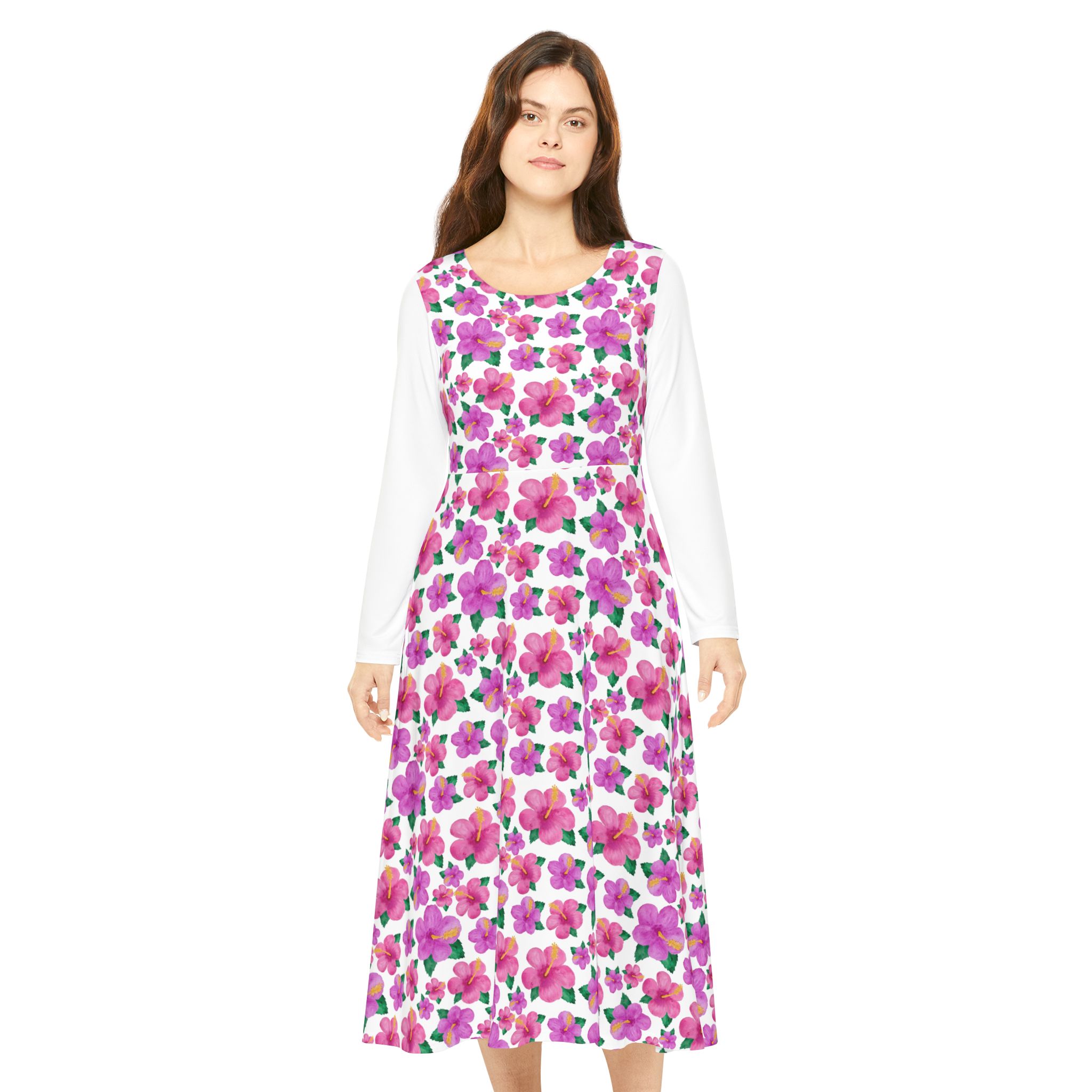 Bright Fuchsia Hibiscus Floral Print Women's Long Sleeve Dress (S.e.P.T.™) - Image 4