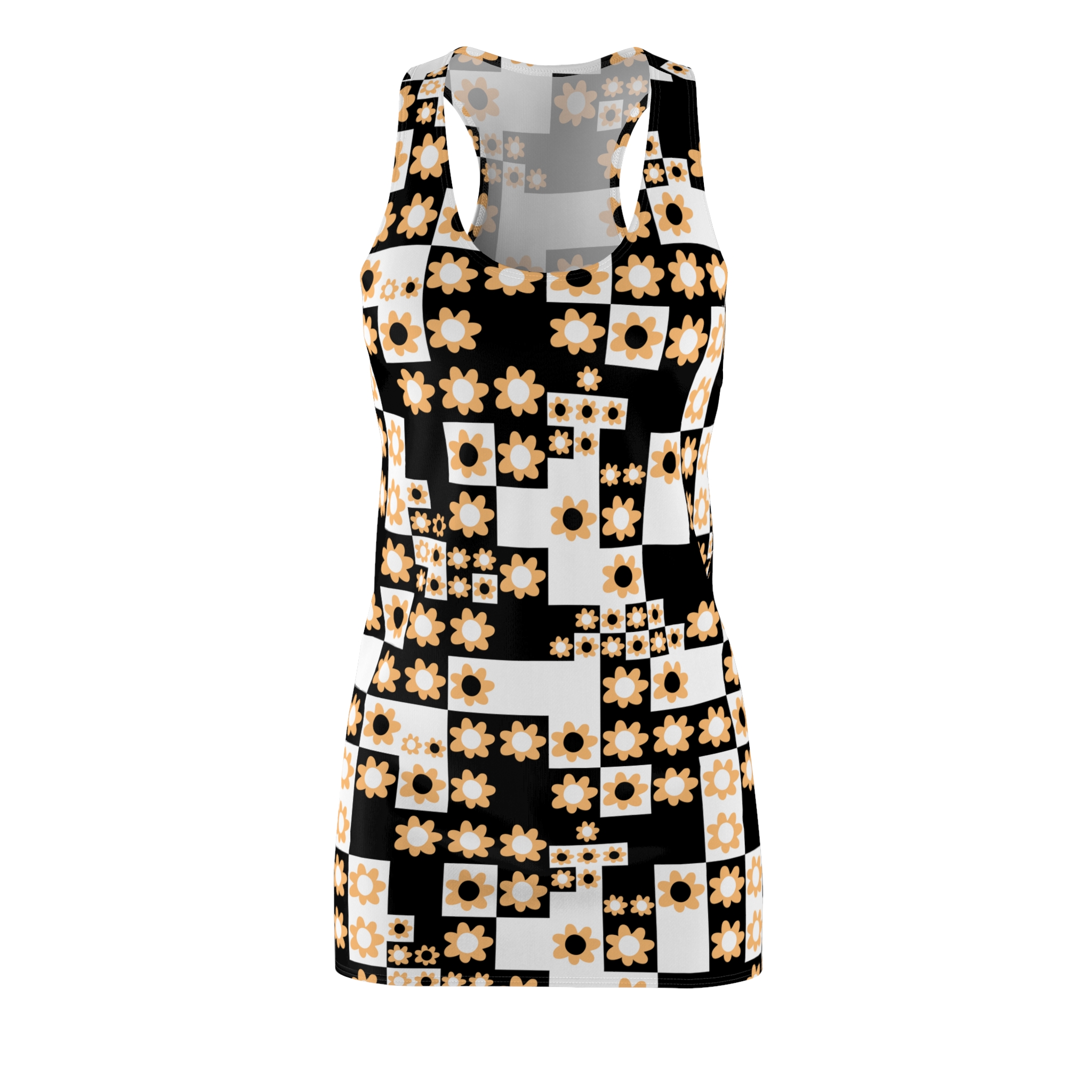 Retro Black & White Optical Flower Print Women's Racerback Dress (S.e.P.T.™) - Image 2