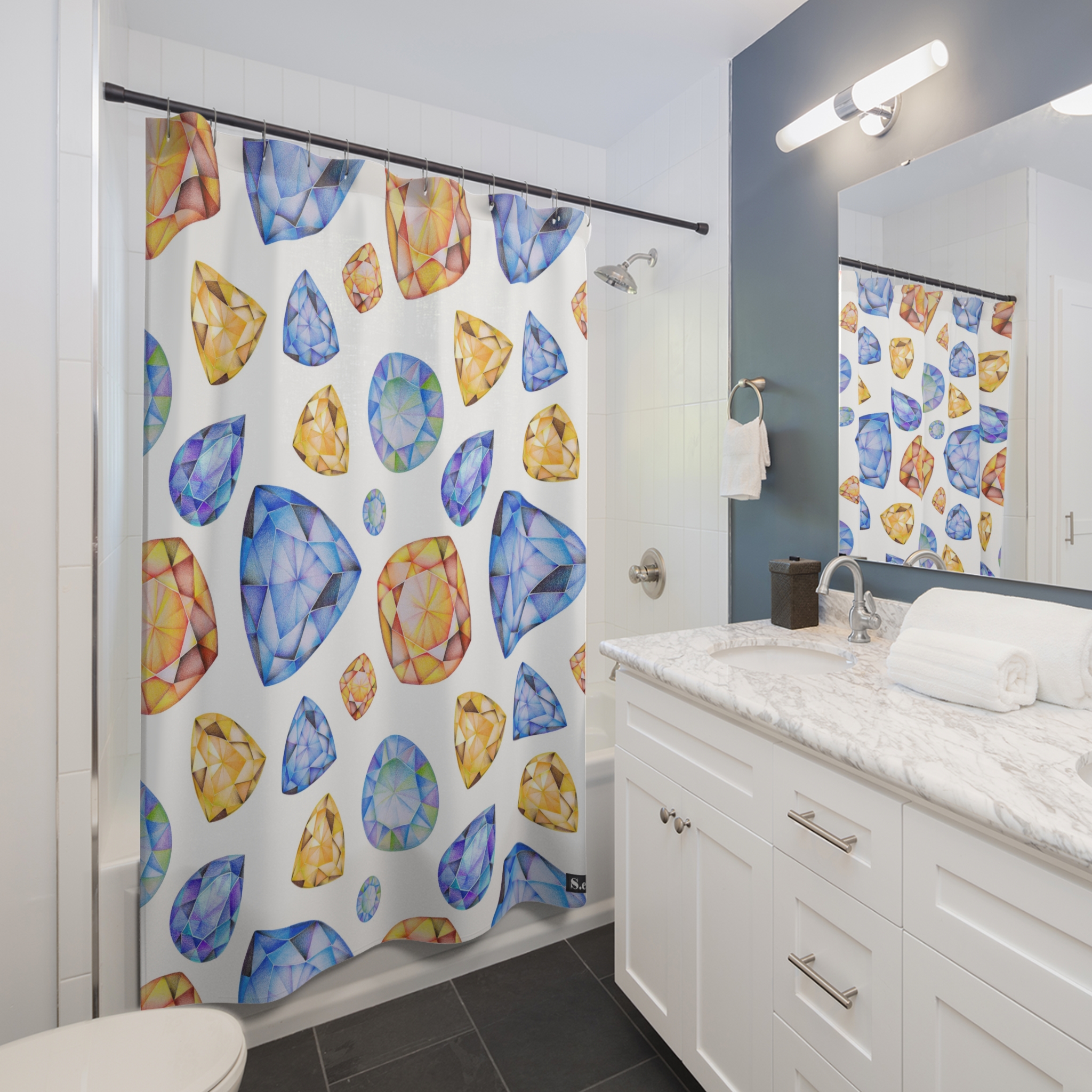 Blue & Golden Yellow Gemstone Faceted Crystals (watercolor style) Shower Curtain Option 1 - (S.e.P.T.) - Image 3