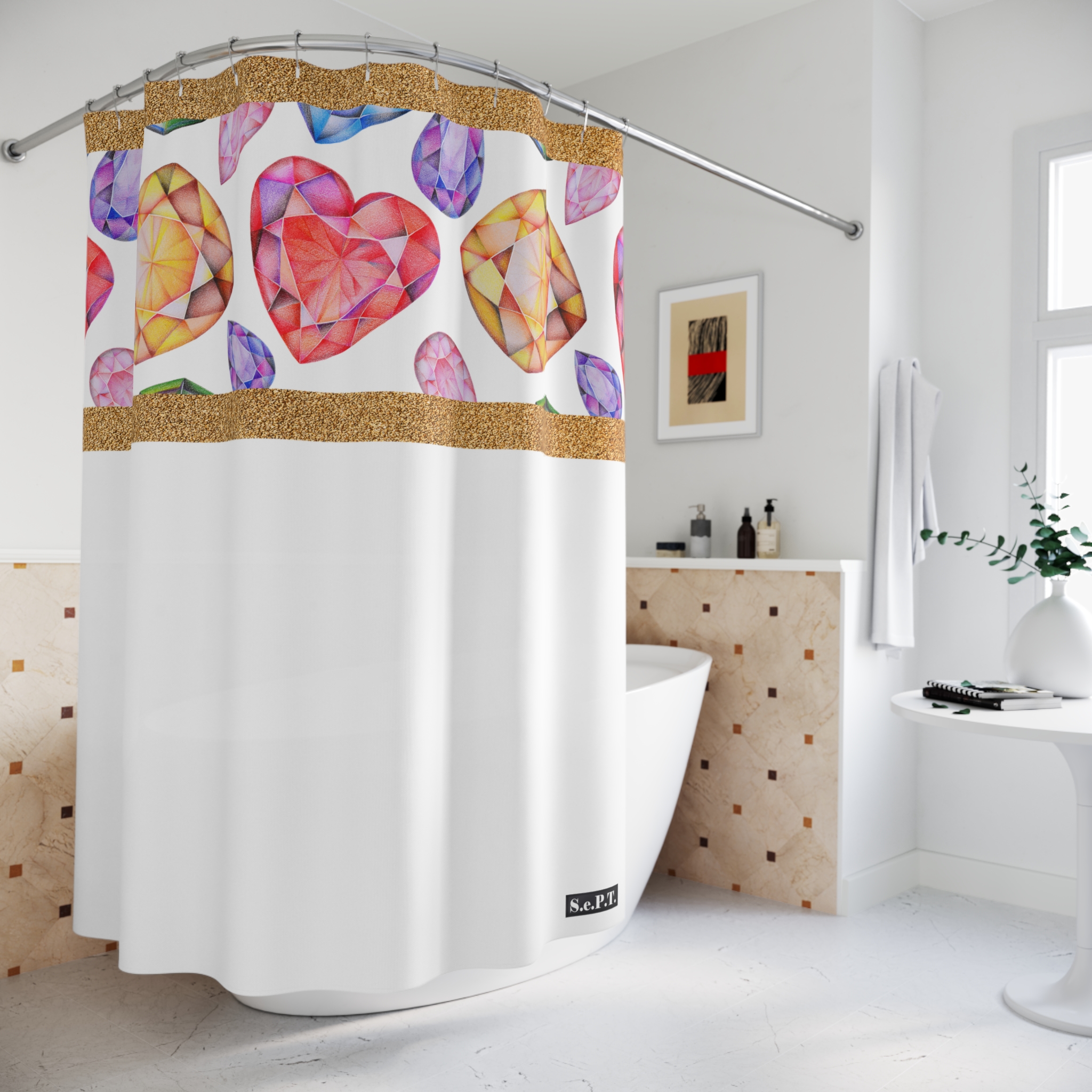 Multi Color Gemstone Faceted Crystals (watercolor style) Shower Curtain Option 1 - (S.e.P.T.) - Image 4