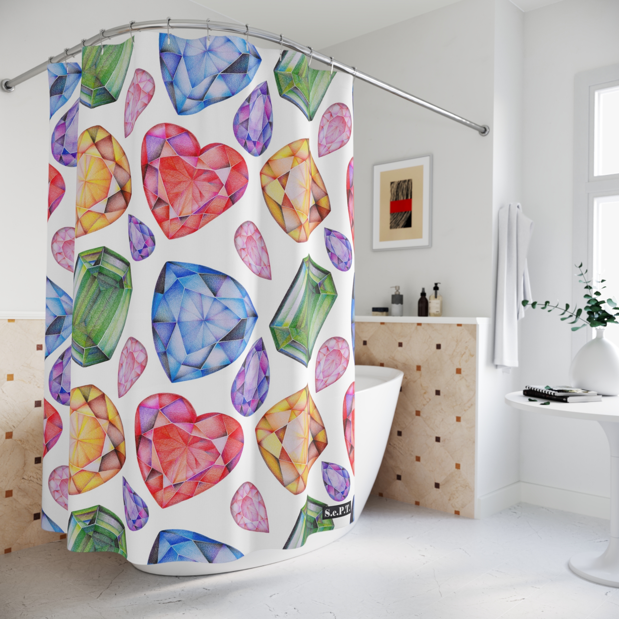 Multi Color Gemstone Faceted Crystals (watercolor style) Shower Curtain Option 1 - (S.e.P.T.) - Image 4