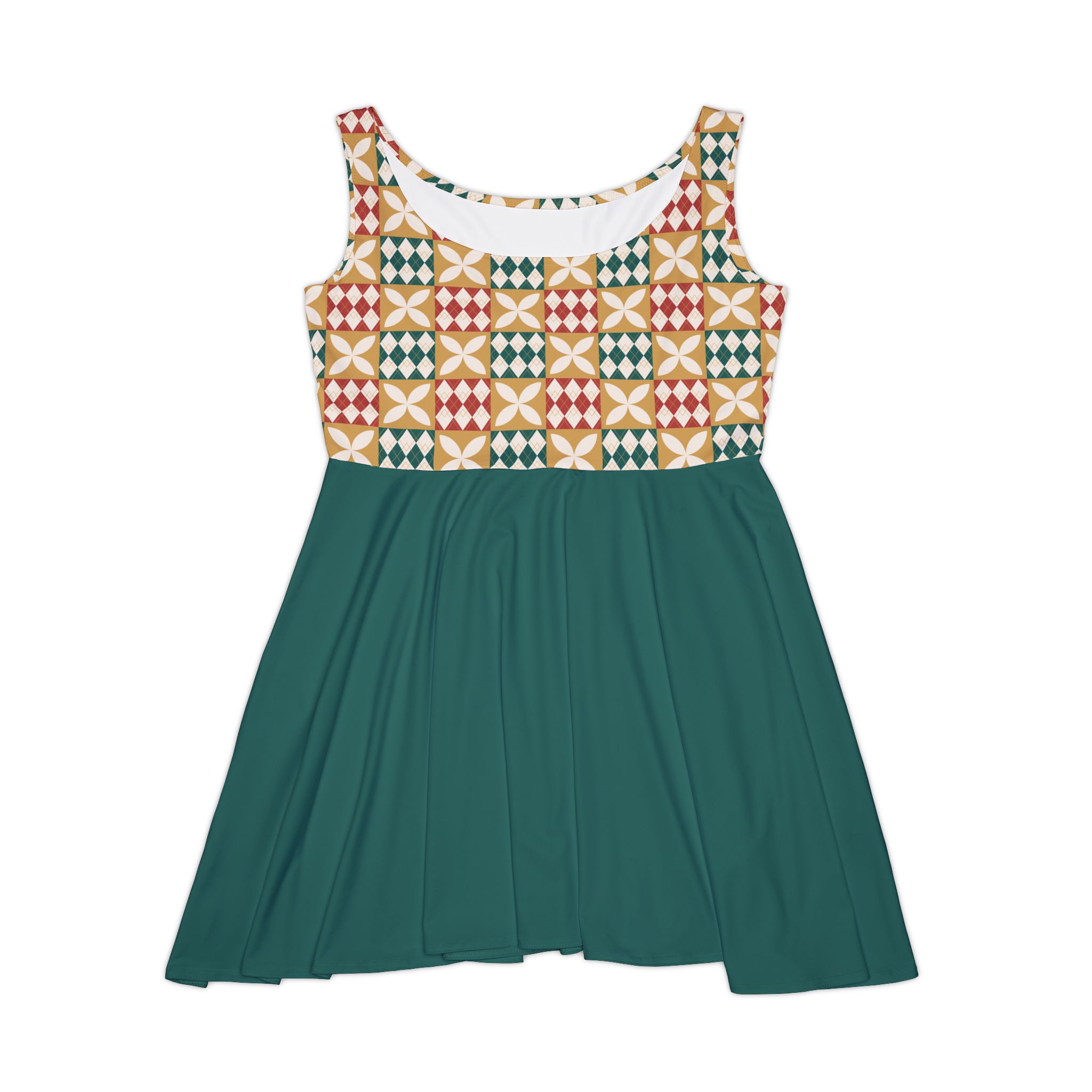 Warm Tones Holiday Harlequin Quilt Pattern Forest Green Women's Skater Dress (S.e.P.T.) - Image 2