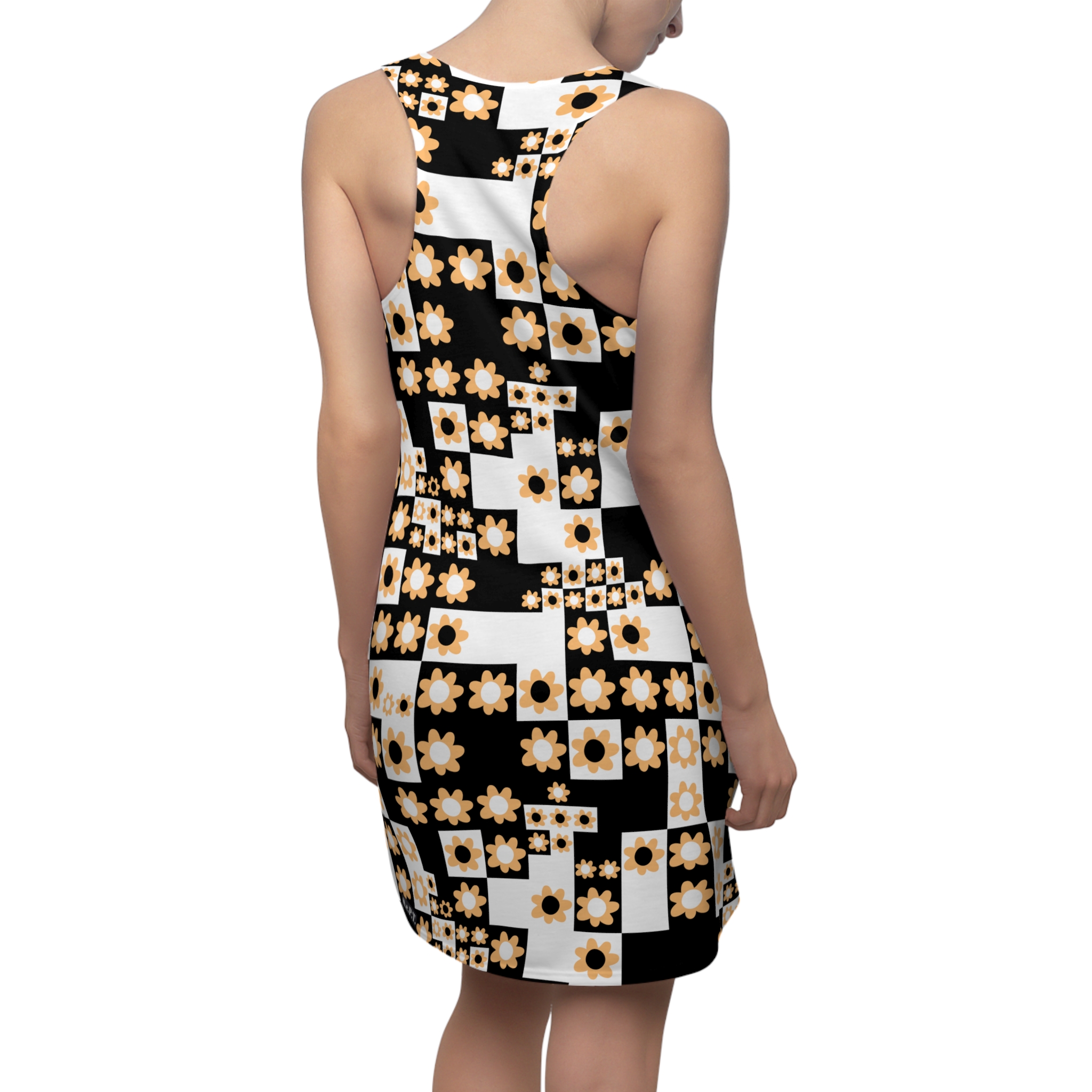 Retro Black & White Optical Flower Print Women's Racerback Dress (S.e.P.T.™) - Image 7