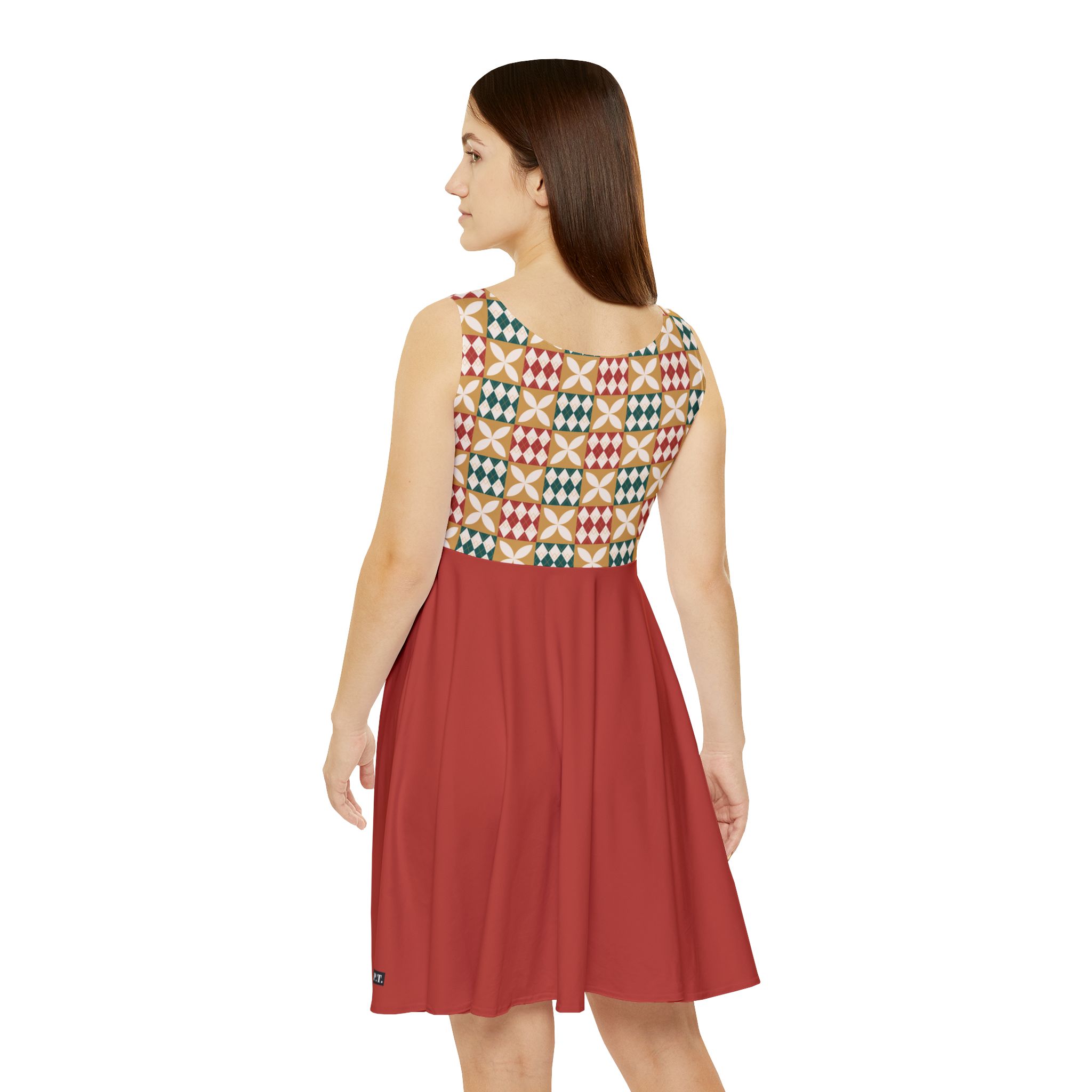 Warm Tones Holiday Harlequin Quilt Pattern Terracotta Women's Skater Dress (S.e.P.T.) - Image 5