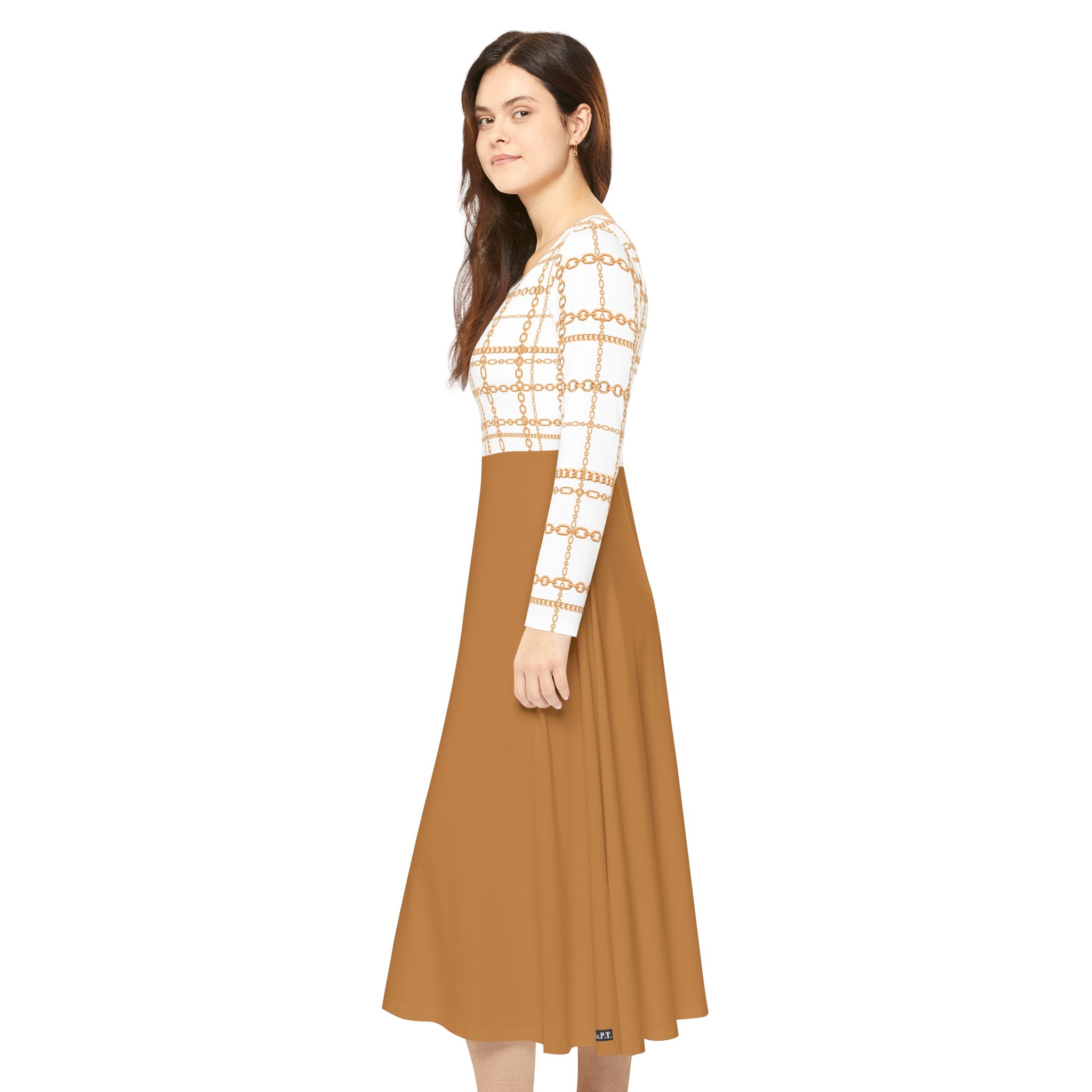 Chic White & Gold Chain Plaid Print Tan Women's Long Sleeve Dress (S.e.P.T.™)