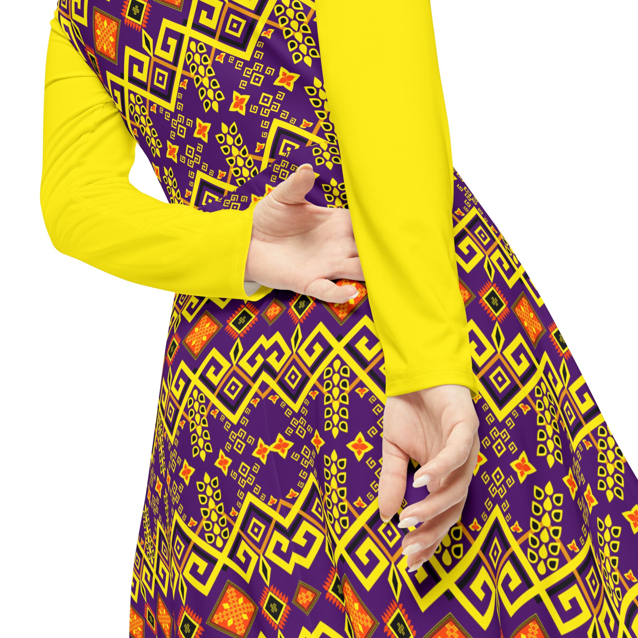 Tribal Maze Geometric Gold & Purple Print Women's Long Sleeve Dress (S.e.P.T.™) - Image 7