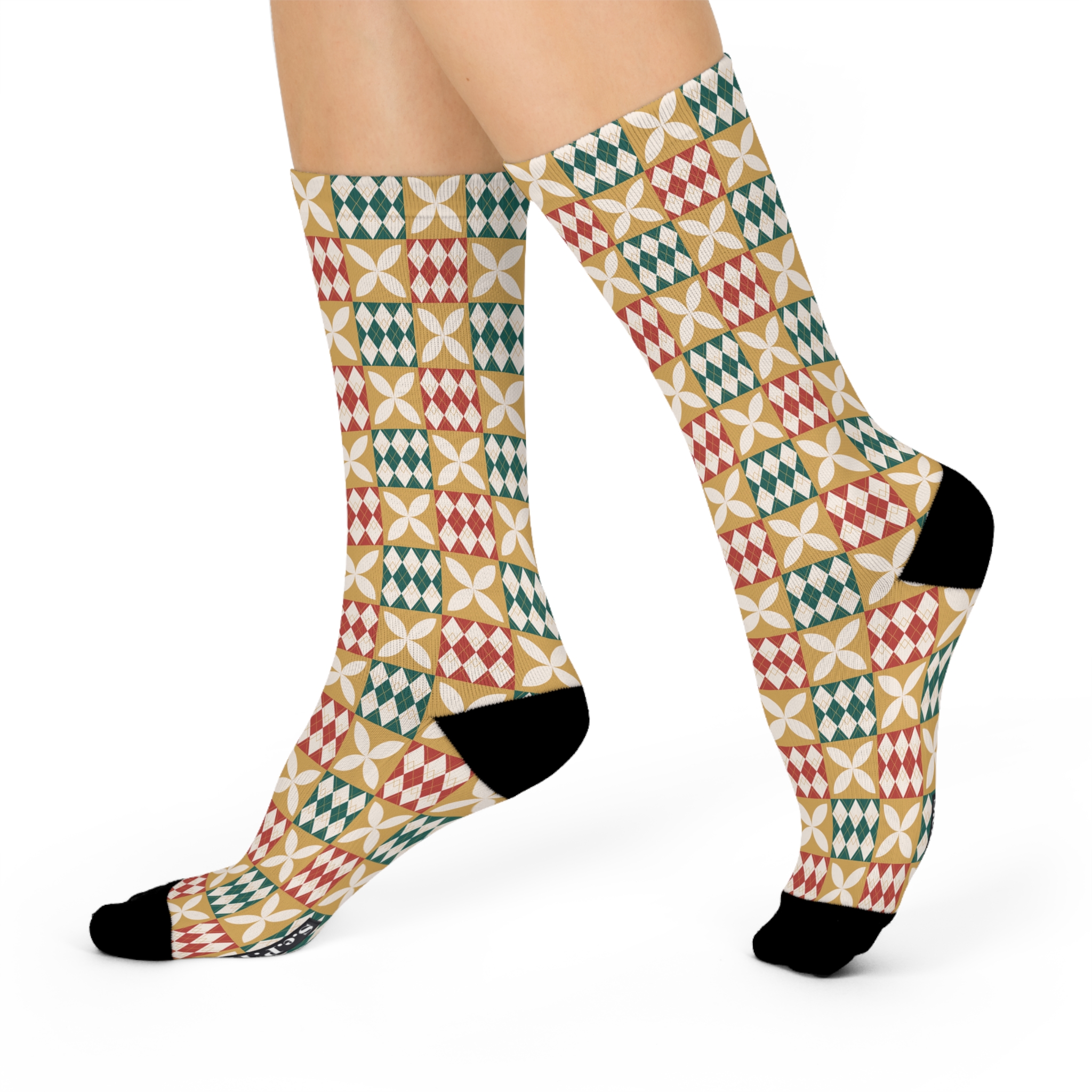 Warm Tones Holiday Harlequin Quilt Pattern Cushioned Crew Socks (S.e.P.T.™) - Image 3