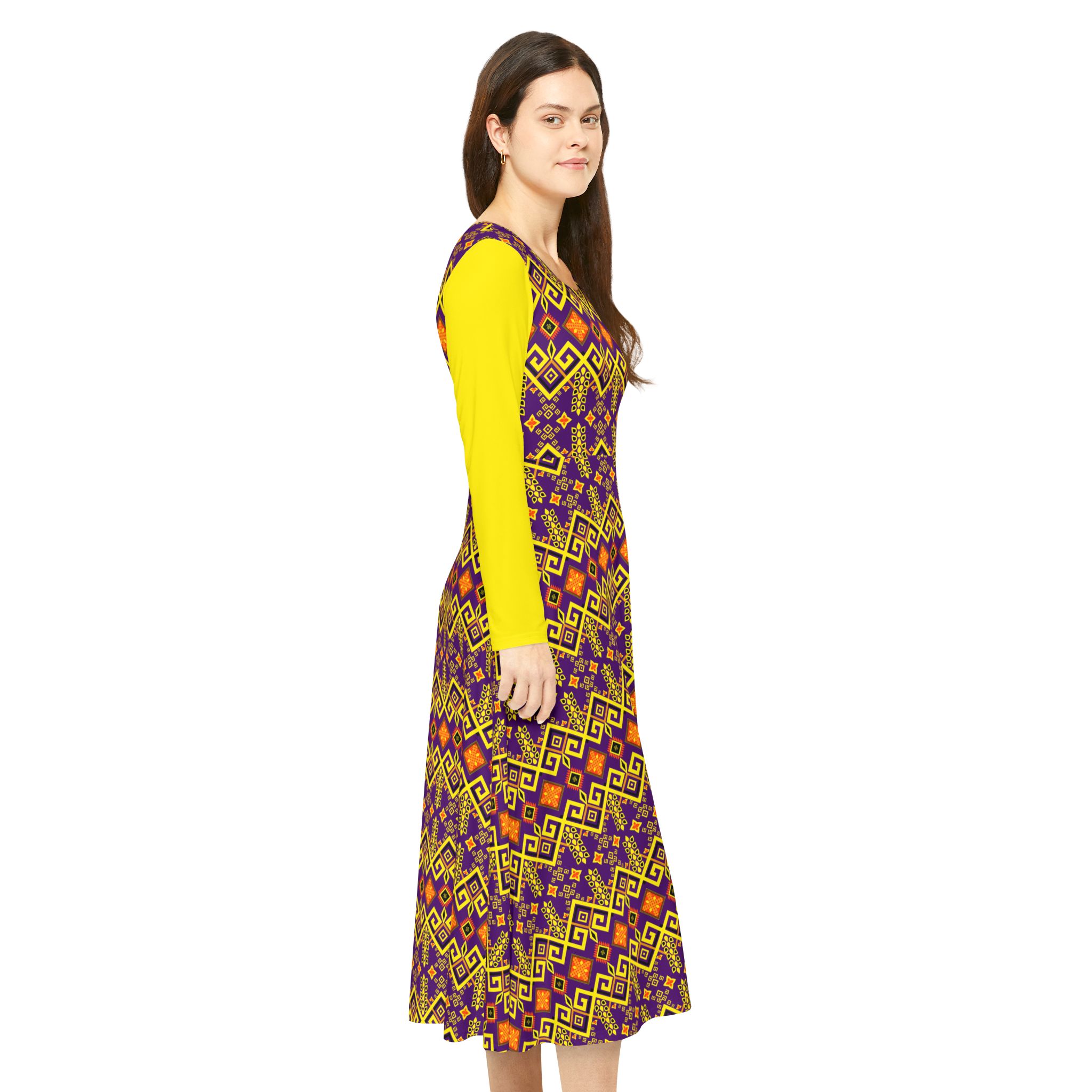 Tribal Maze Geometric Gold & Purple Print Women's Long Sleeve Dress (S.e.P.T.™) - Image 6