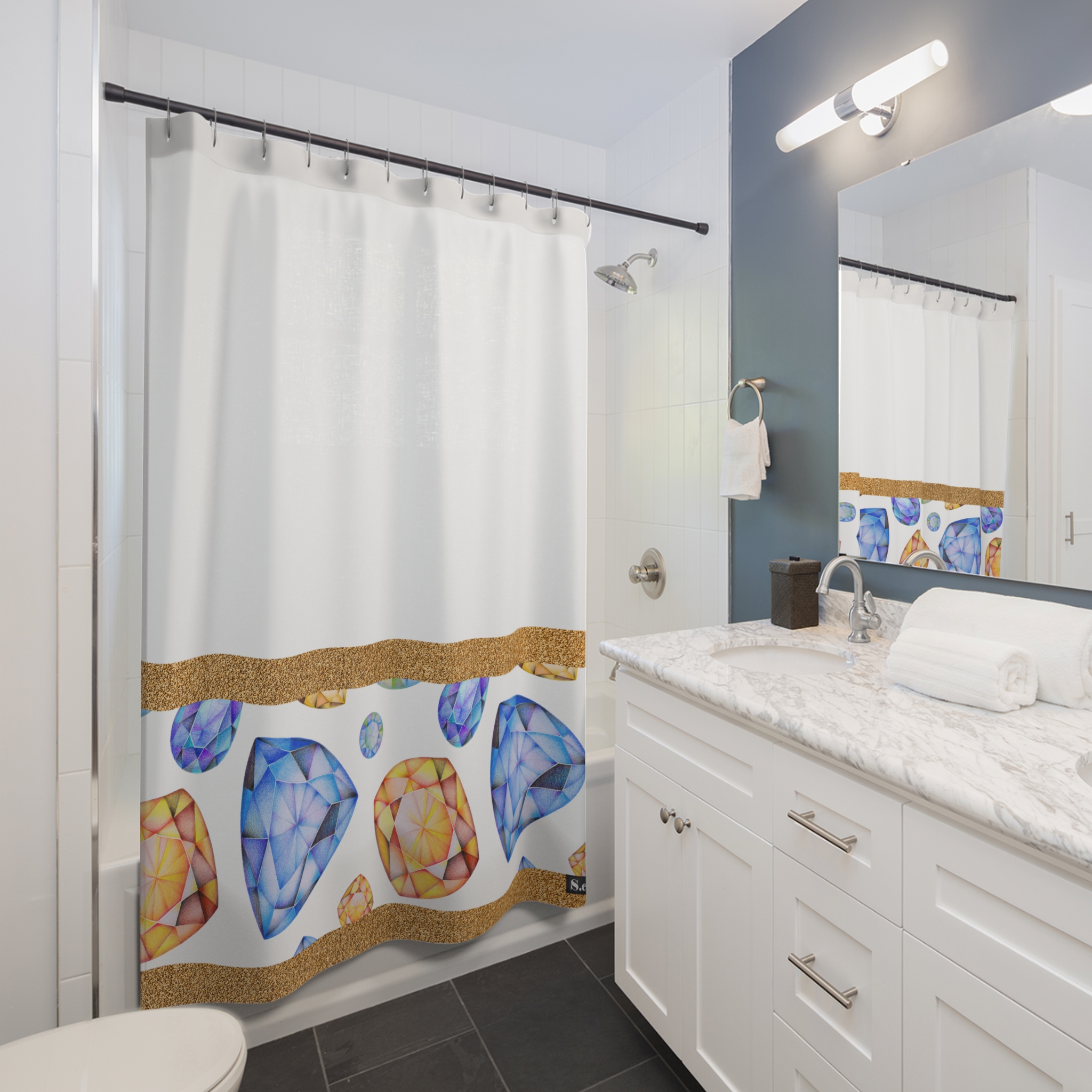 Blue & Golden Yellow Gemstone Faceted Crystals (watercolor style) Shower Curtain Option 2 - (S.e.P.T.) - Image 3