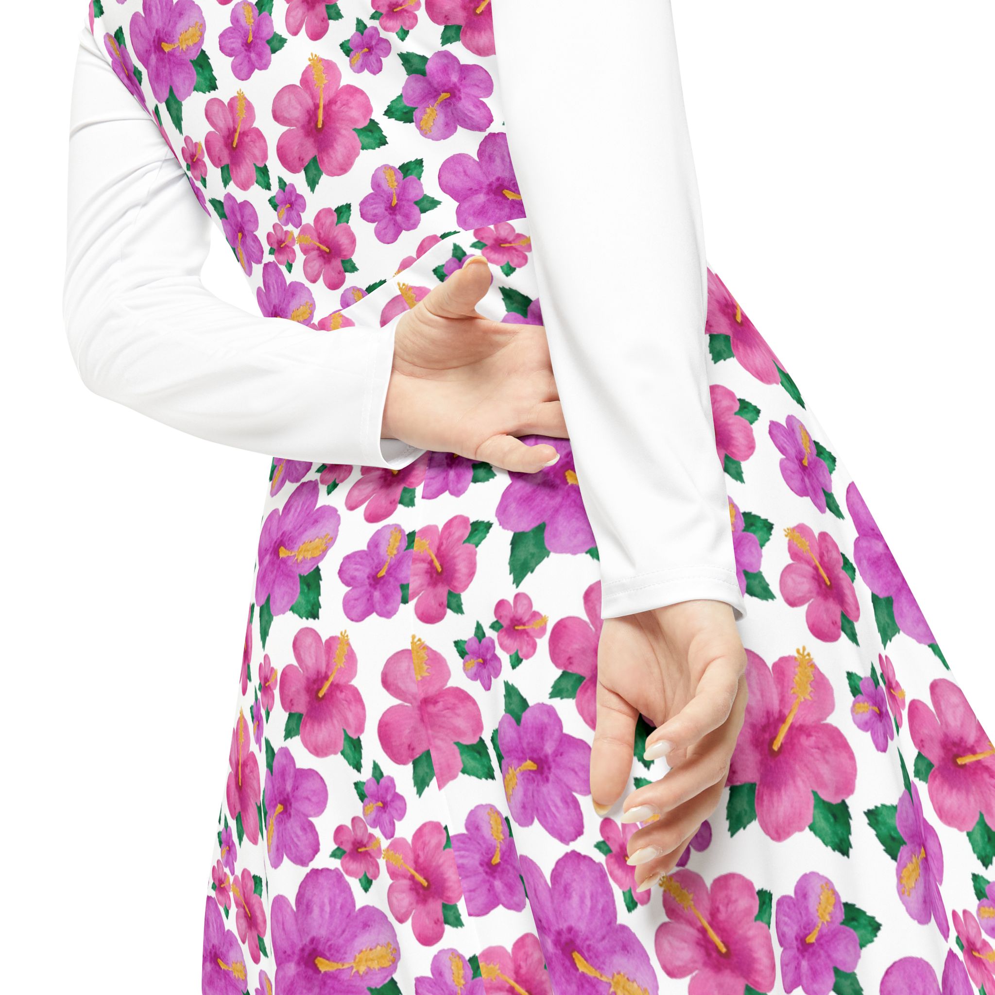 Bright Fuchsia Hibiscus Floral Print Women's Long Sleeve Dress (S.e.P.T.™) - Image 7
