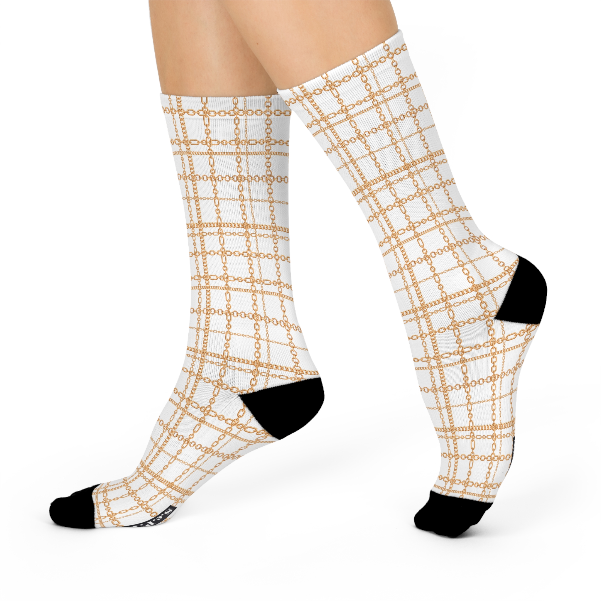 Chic White & Gold Chain Plaid Print Cushioned Crew Socks (S.e.P.T.™) - Image 3